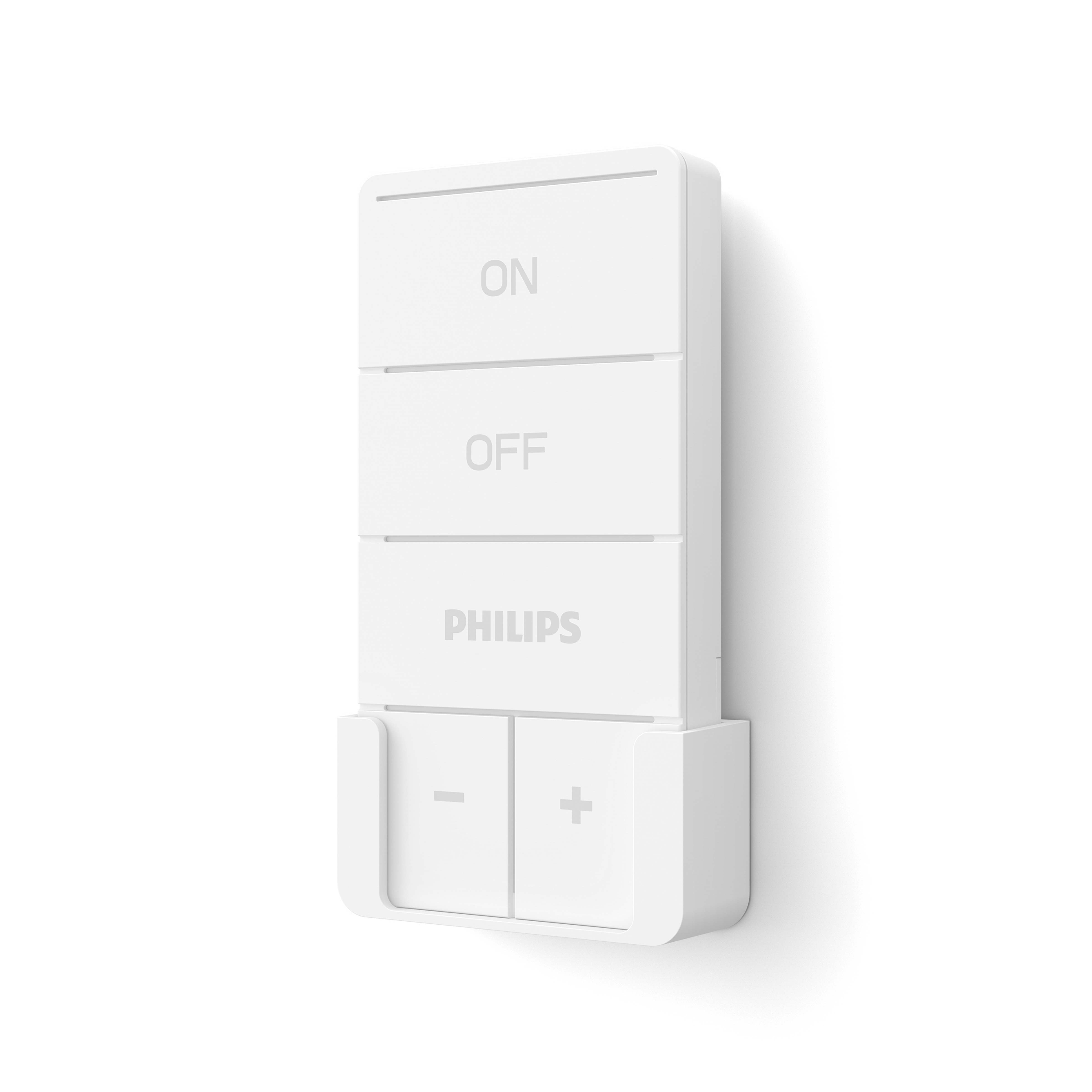 Telecomando Philips bianco con pulsanti ON, OFF e meno e più per il volume.