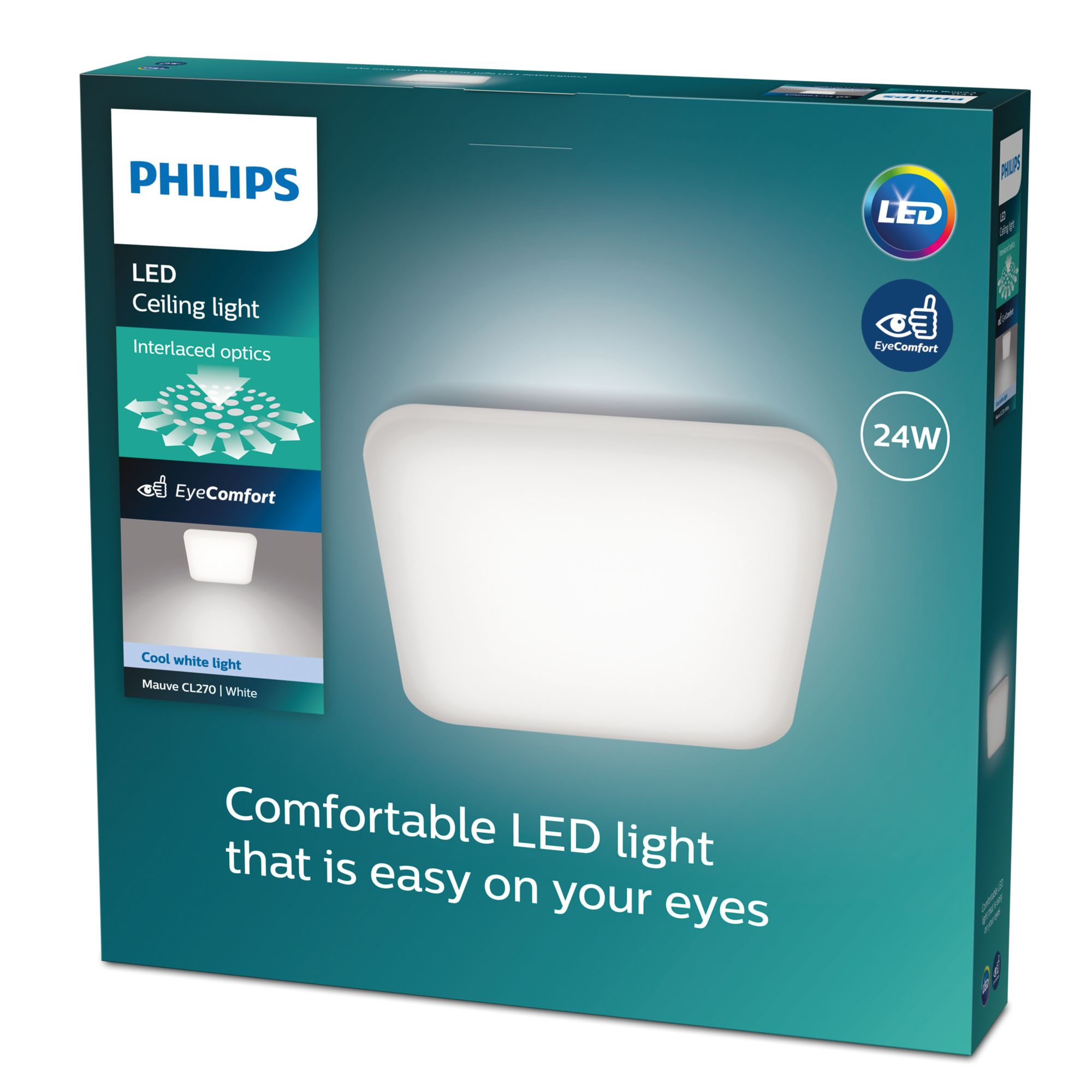 Una scatola di plafoniera a LED Philips. È bianca con il logo e il testo Philips.