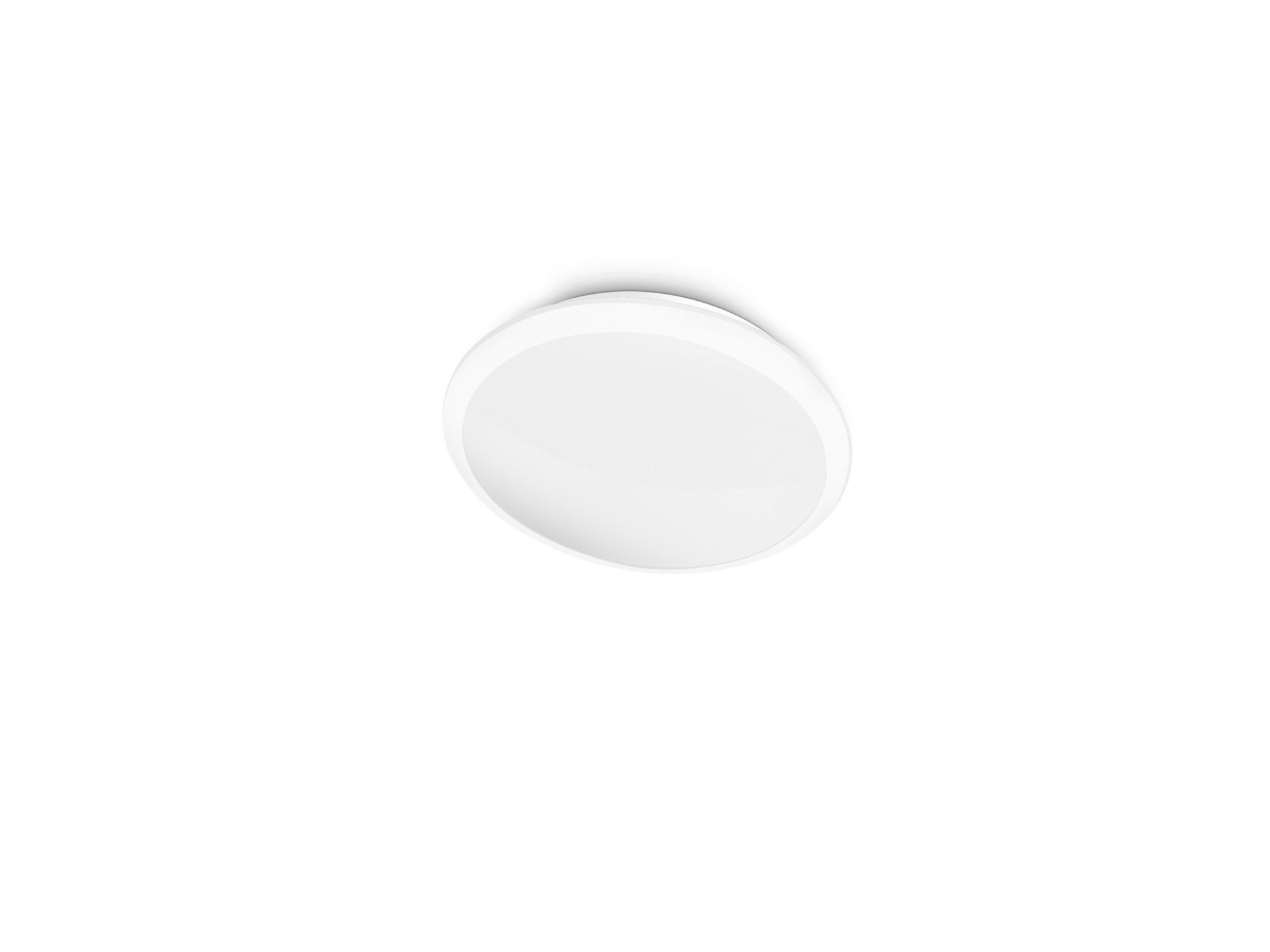 Apparecchio di illuminazione a soffitto ovale bianco, su sfondo bianco.