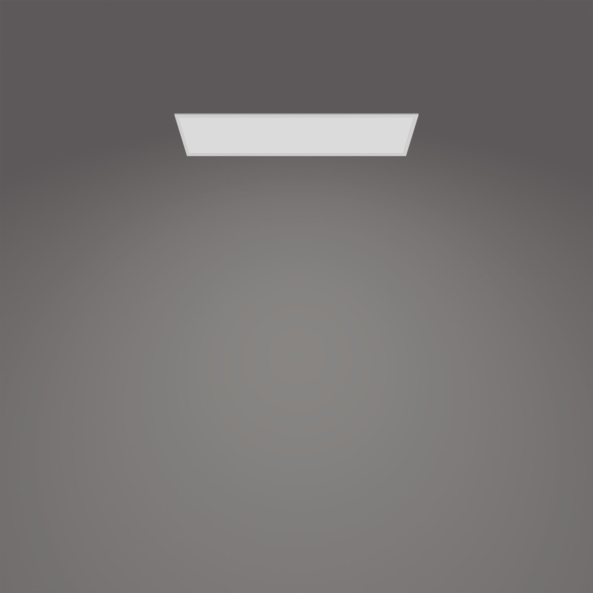 Un apparecchio di illuminazione bianco a forma di trapezio è appeso al soffitto grigio.