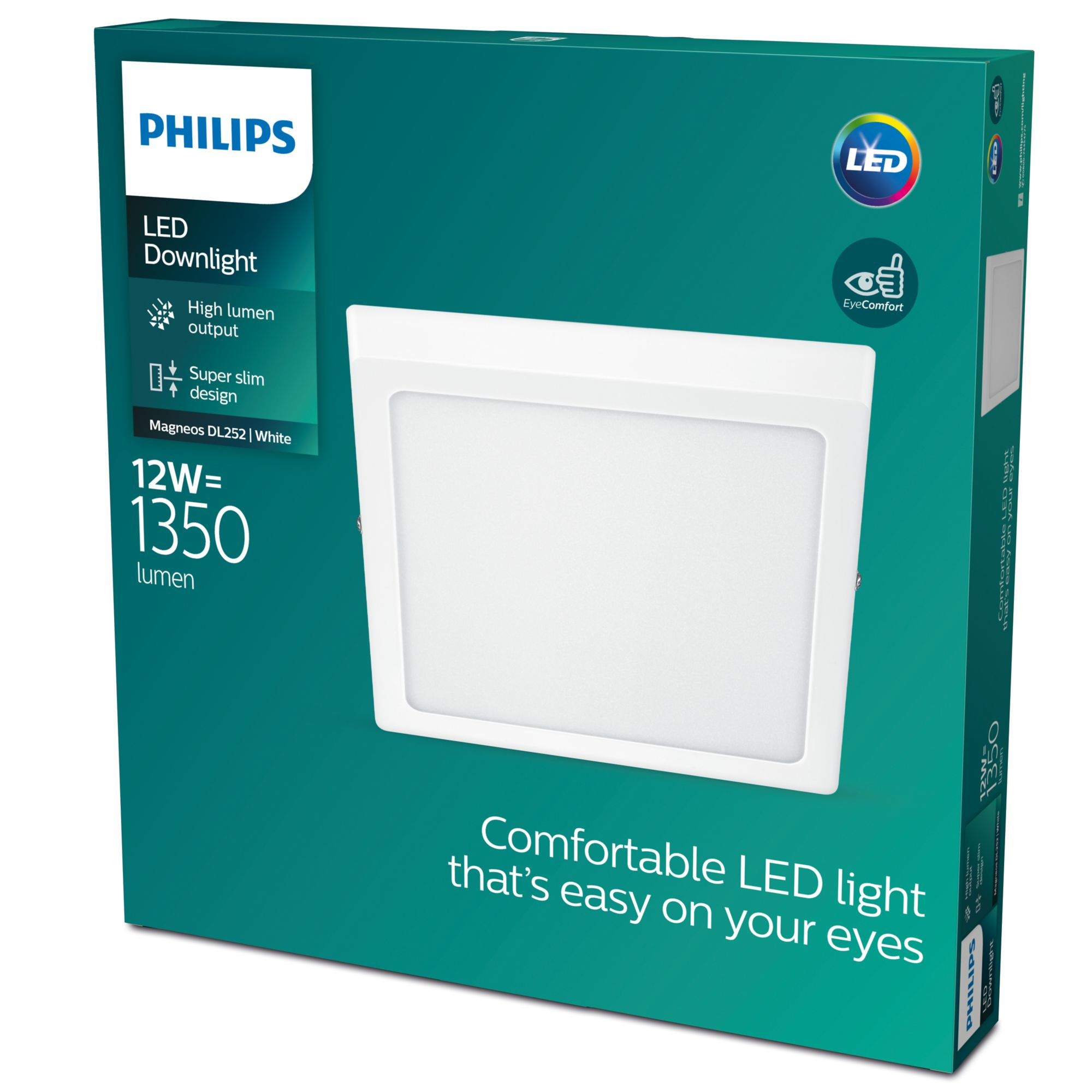 Karton mit weißer quadratischer LED-Leuchte. Textdetails auf der Box.