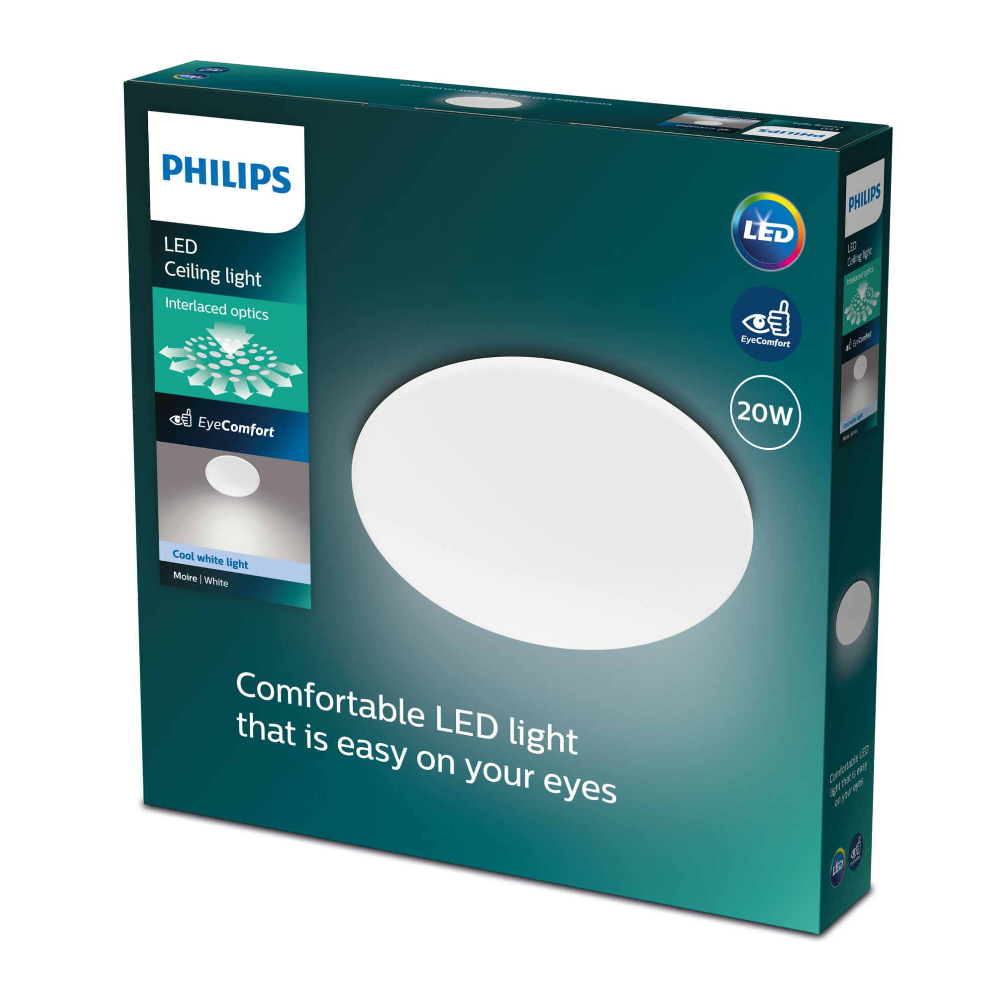 Philips LED Deckenleuchten-Box, zeigt Licht, Markenname und Merkmale.