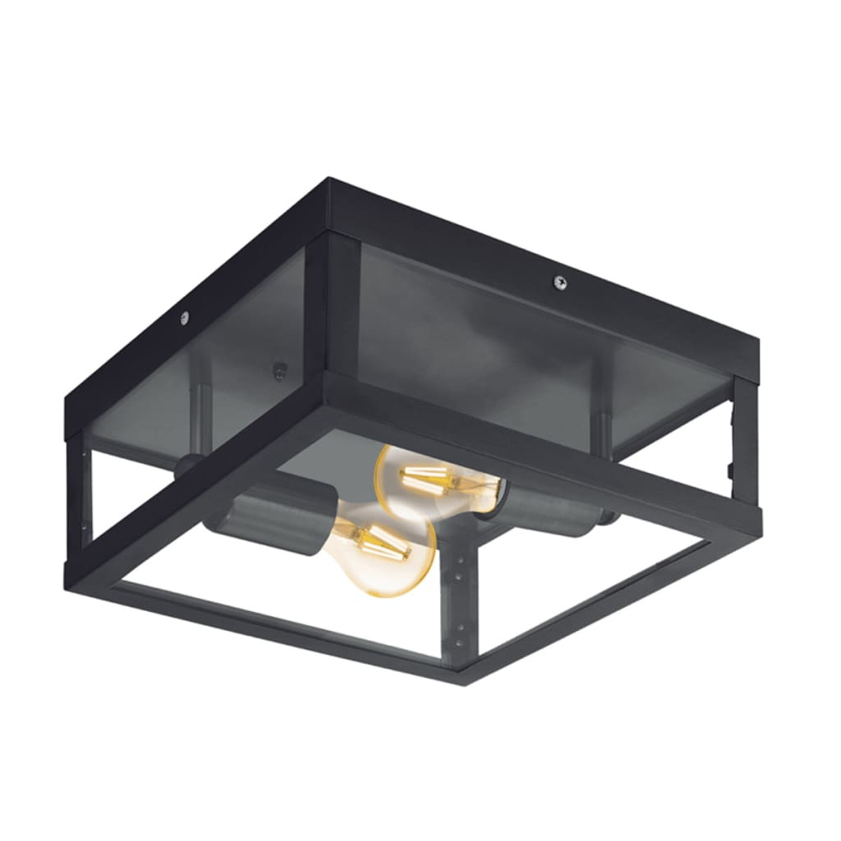 Una plafoniera quadrata nera con pannelli di vetro e lampadine visibili all'interno.