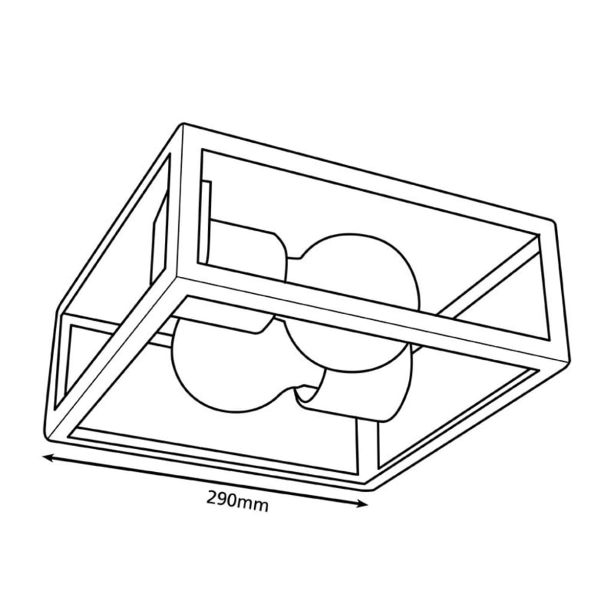 Disegno a tratto nero e bianco di una lampada con lampadine. La base è larga 290 mm.