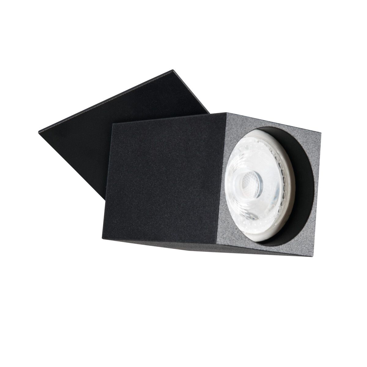 Una lampada nera a forma di cubo con un pannello frontale orientabile e una luce circolare incassata.
