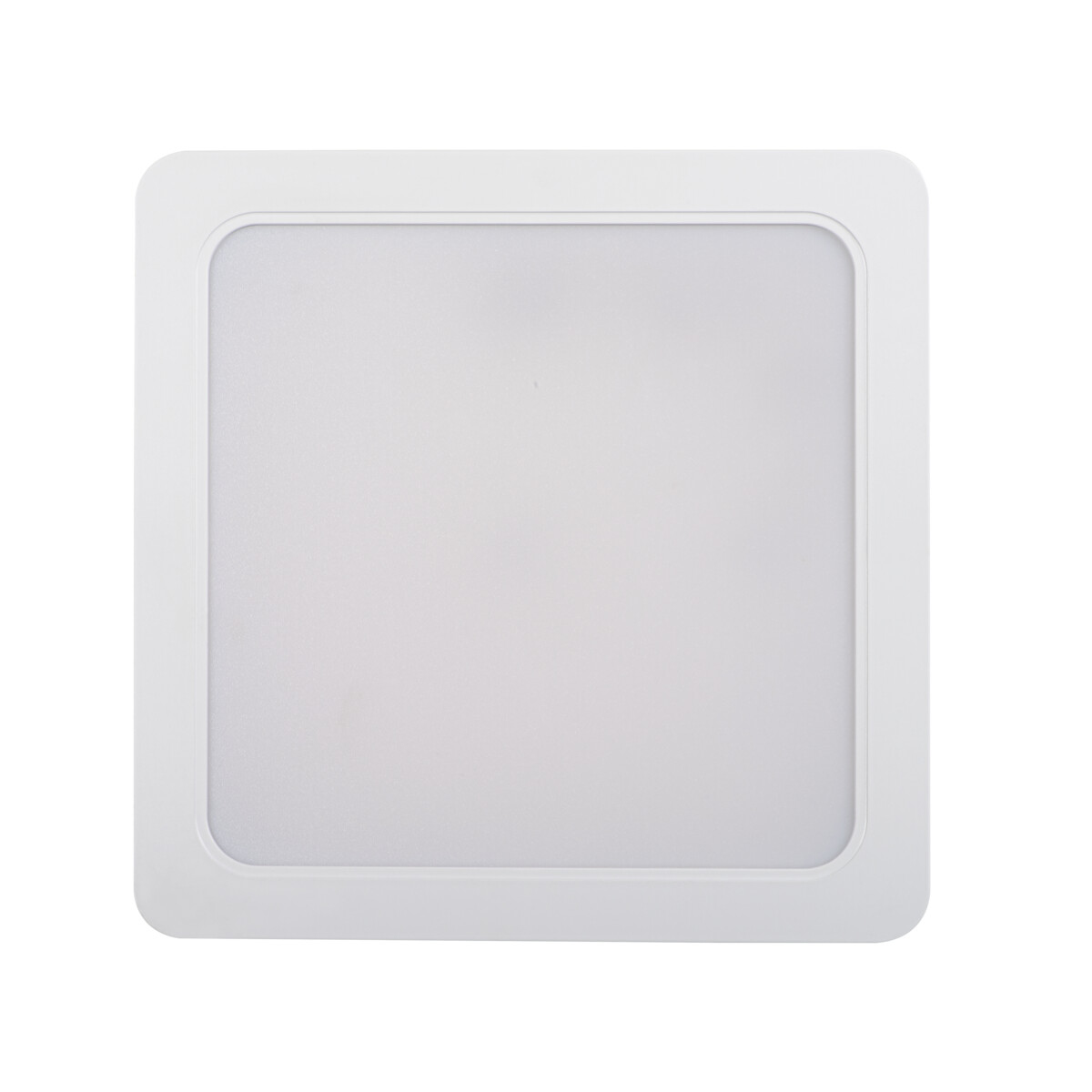 Una luce da soffitto quadrata bianca con angoli arrotondati, che emette una luce brillante e uniforme.