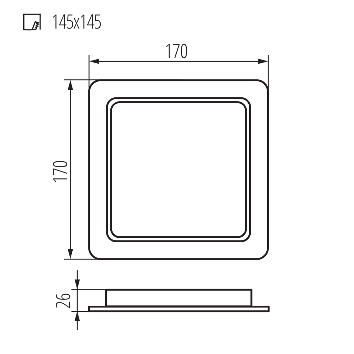 Schema di un apparecchio luminoso quadrato con dimensioni: 170x170mm, altezza 26mm, che mostra viste dall'alto e laterali.