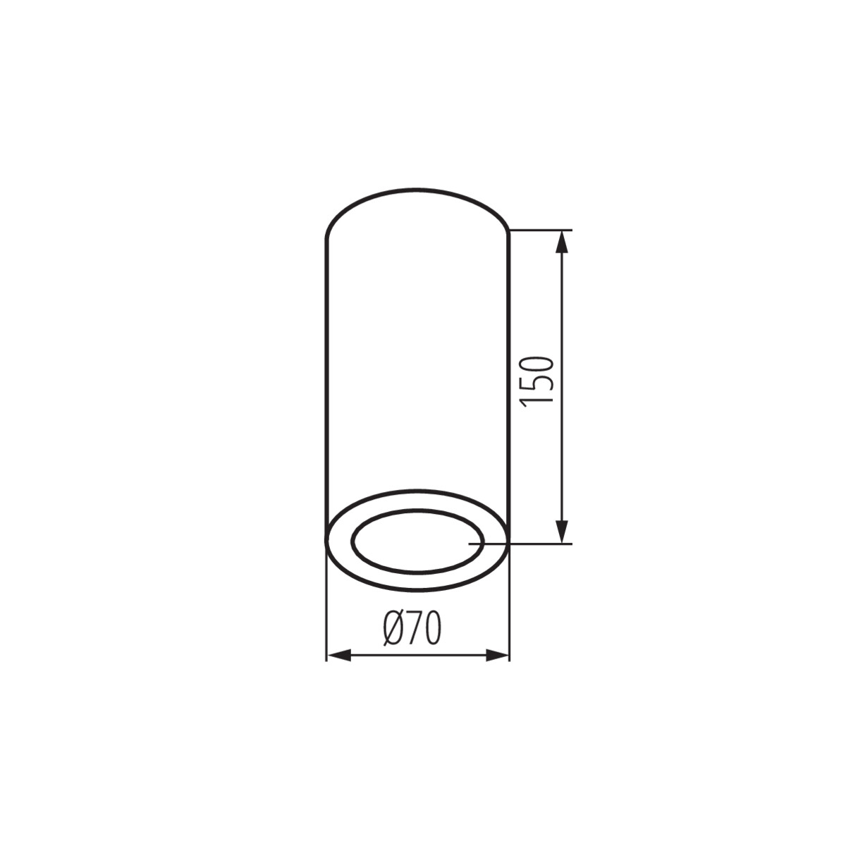 Technische Zeichnung einer zylindrischen Leuchte mit den Abmessungen: 150 mm Höhe, 70 mm Durchmesser.