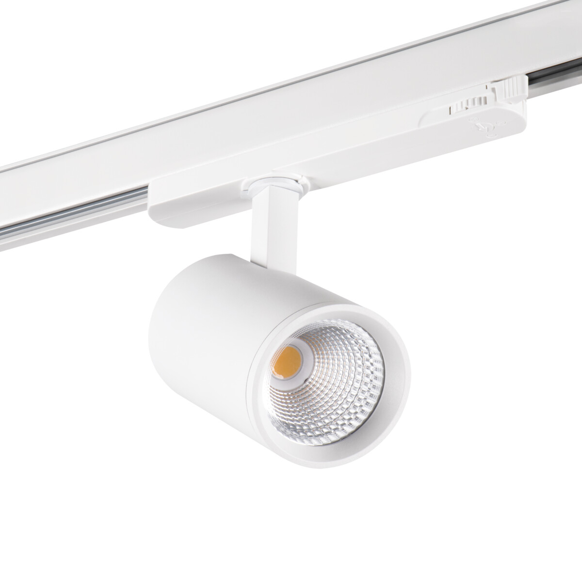 Witte railverlichting met een witte, cilindrische lichtkop en een zichtbare lichtbron.