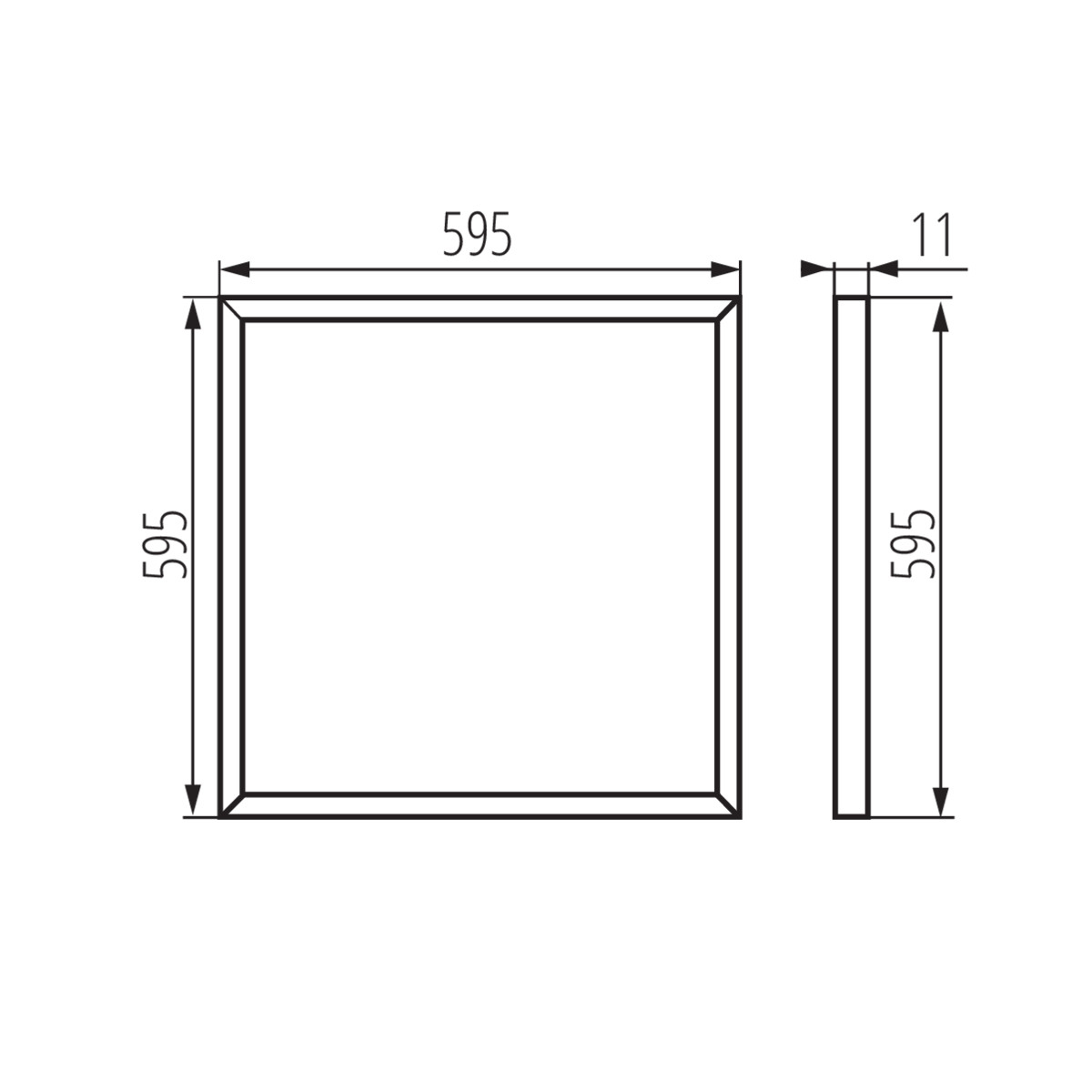 Diagramma di un telaio quadrato con dimensioni. Il telaio misura 595x595x11mm. Sfondo bianco.