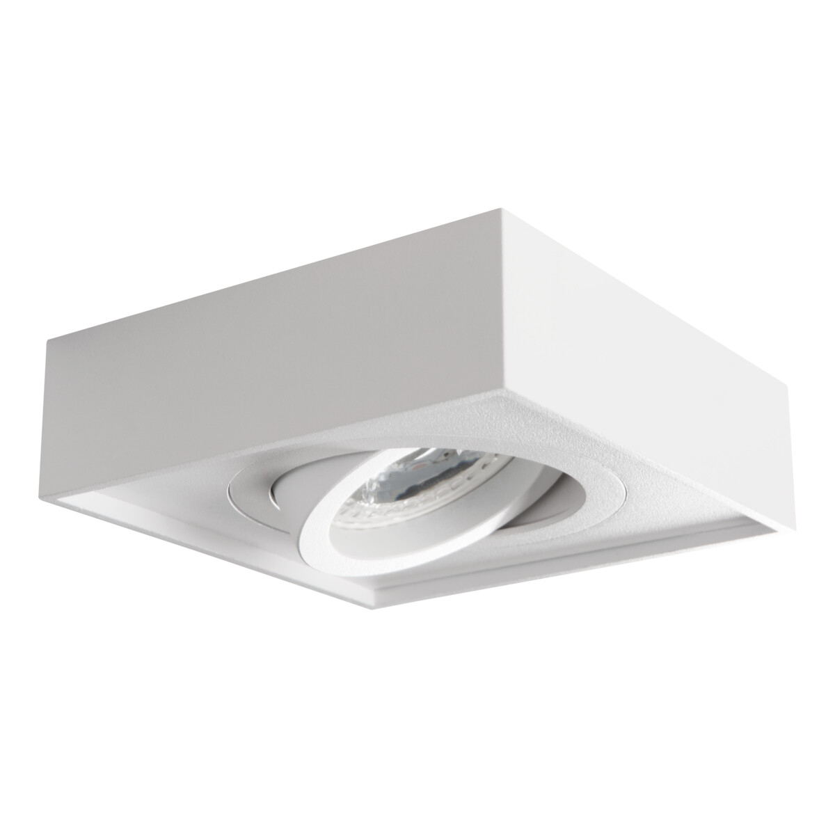 Un apparecchio di illuminazione a incasso quadrato bianco con una sorgente luminosa circolare girevole.