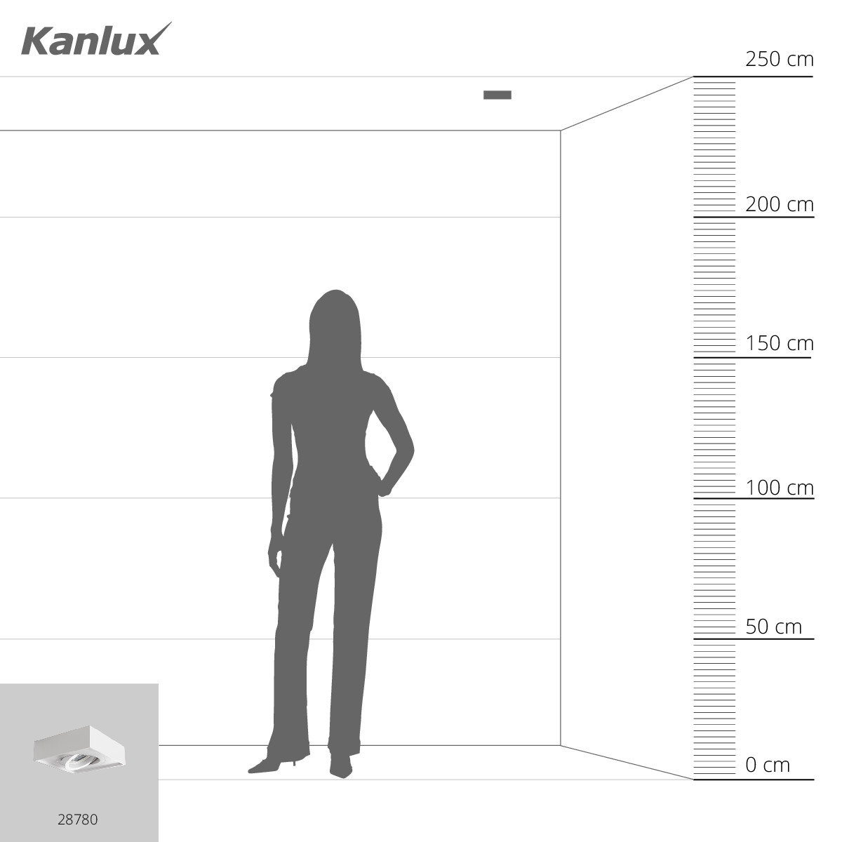 Silhouette di donna in una stanza, con un apparecchio da incasso e misure sulla parete.