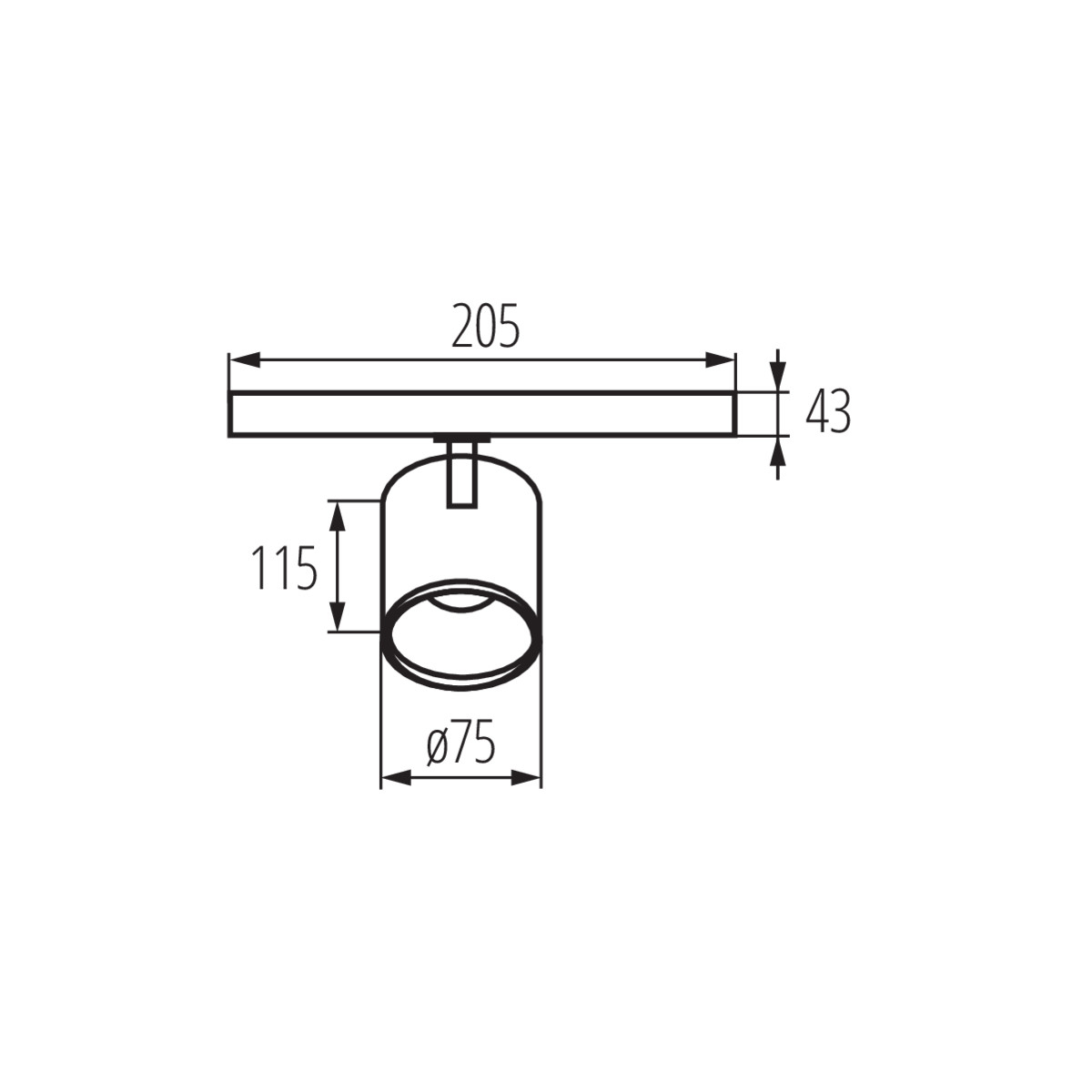 Diagramm einer Lampe mit horizontalem Balken und zylindrischer Leuchte. Maße in Millimetern angegeben.