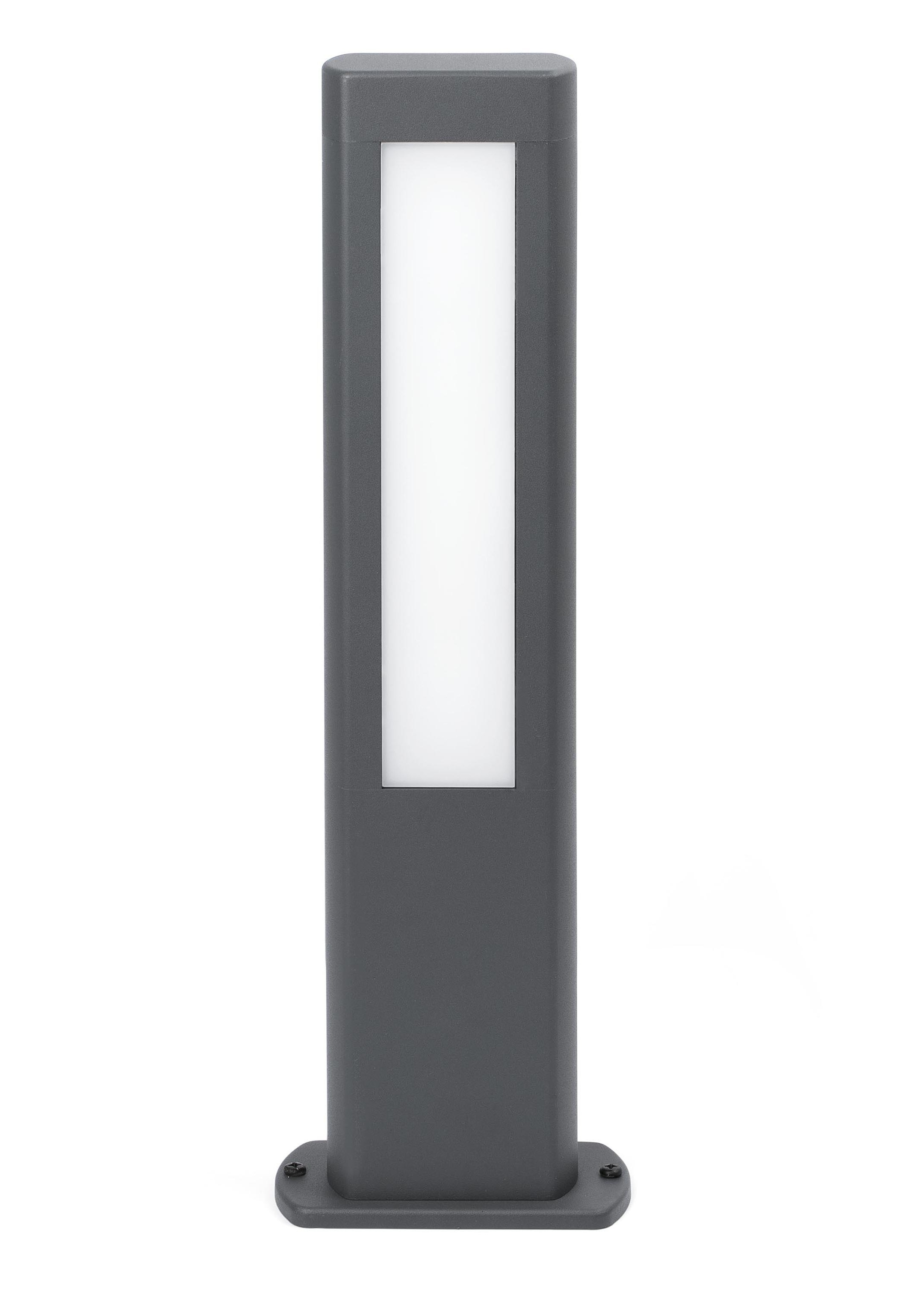 Lampada da esterno rettangolare grigia. Luce bianca. Base grigia. Isolato su bianco.
