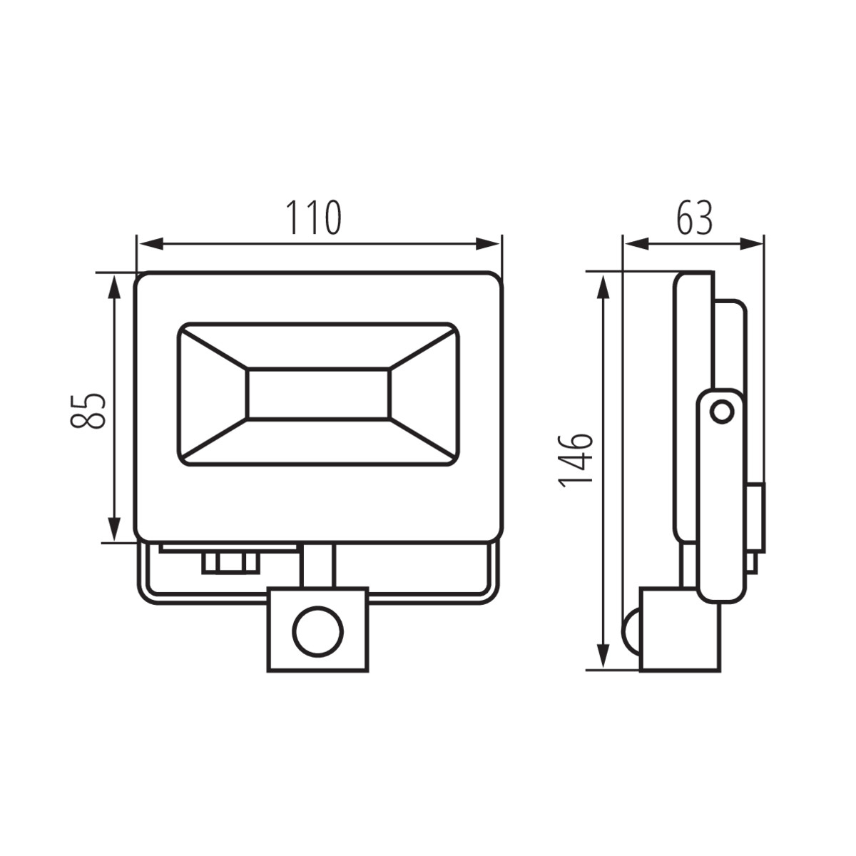 Dessin technique d'un projecteur LED carré avec dimensions.