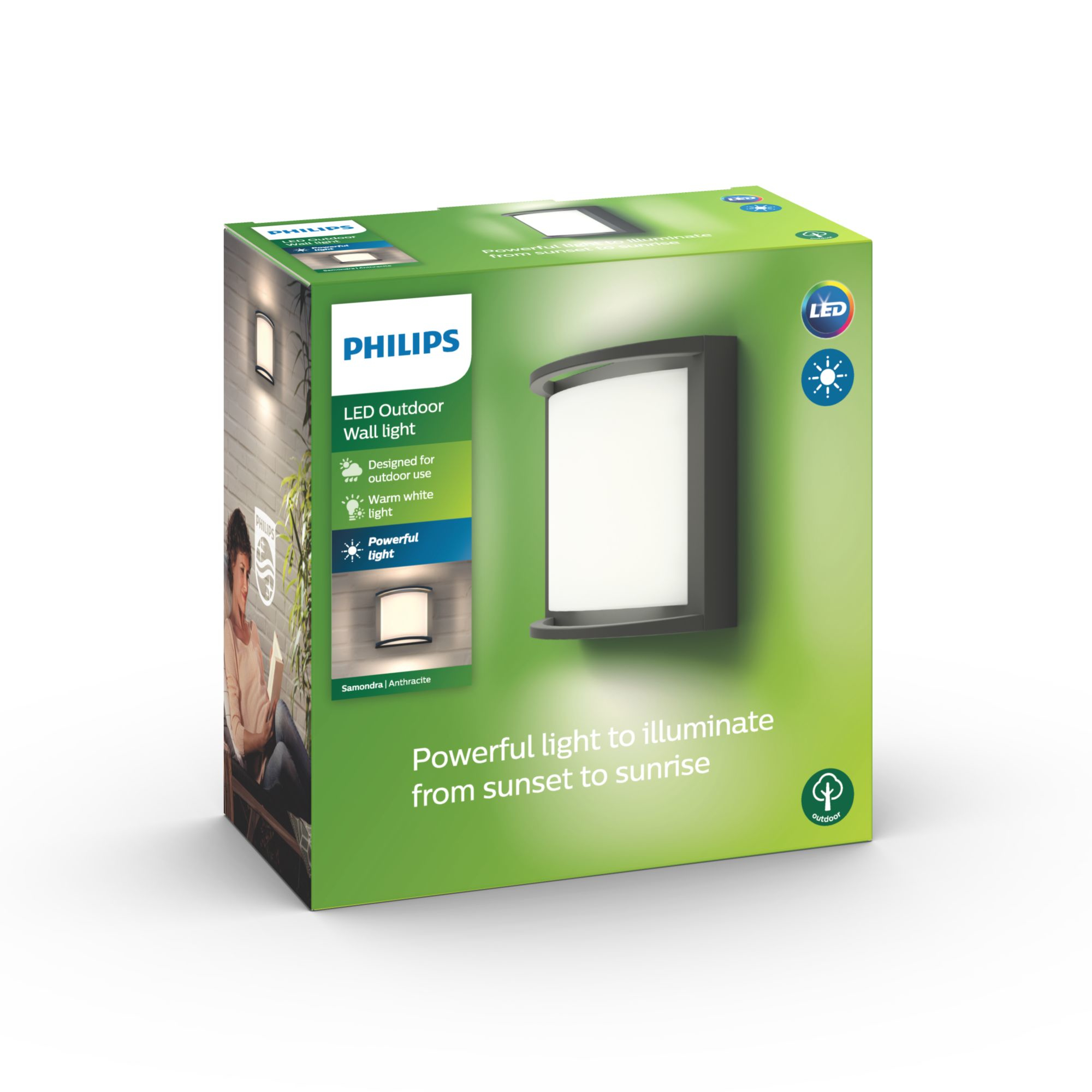 Eine grün-weiße Schachtel einer PHILIPS LED-Außenwandleuchte, mit einem Bild der Leuchte.