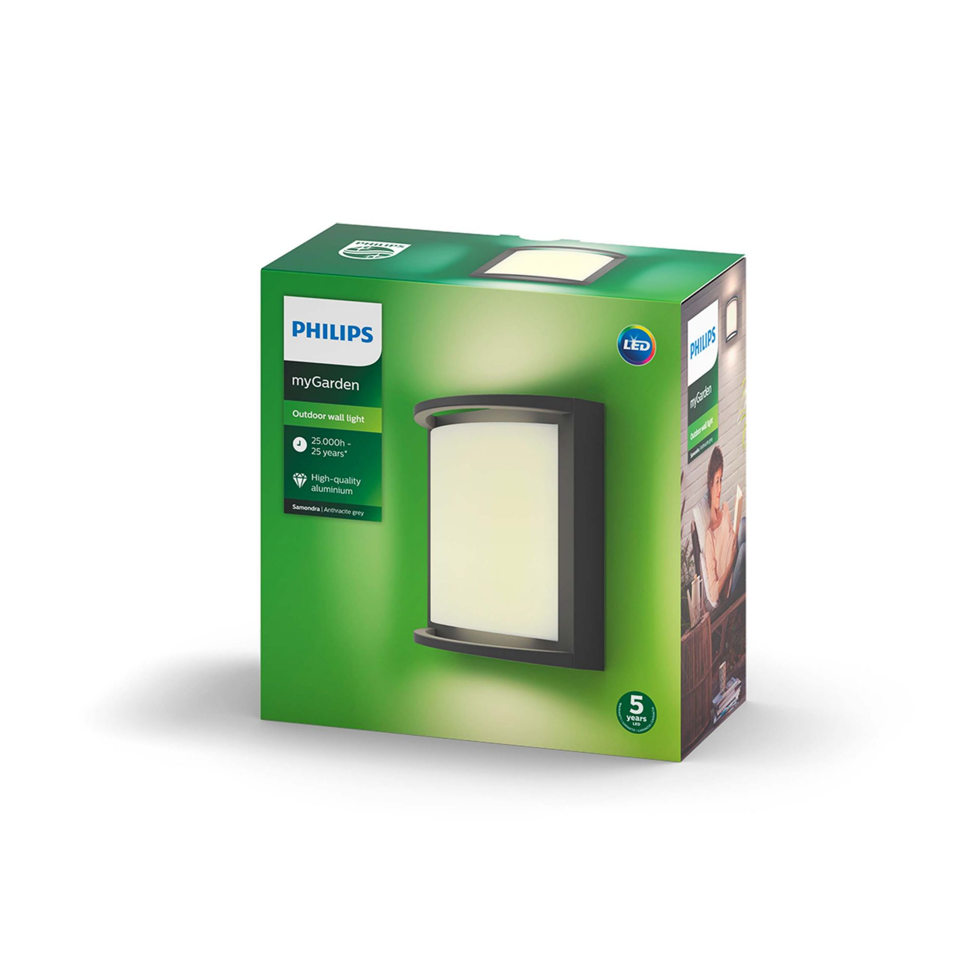 Grün-weißer Philips myGarden-Karton, mit Abbildung einer Außenwandleuchte.
