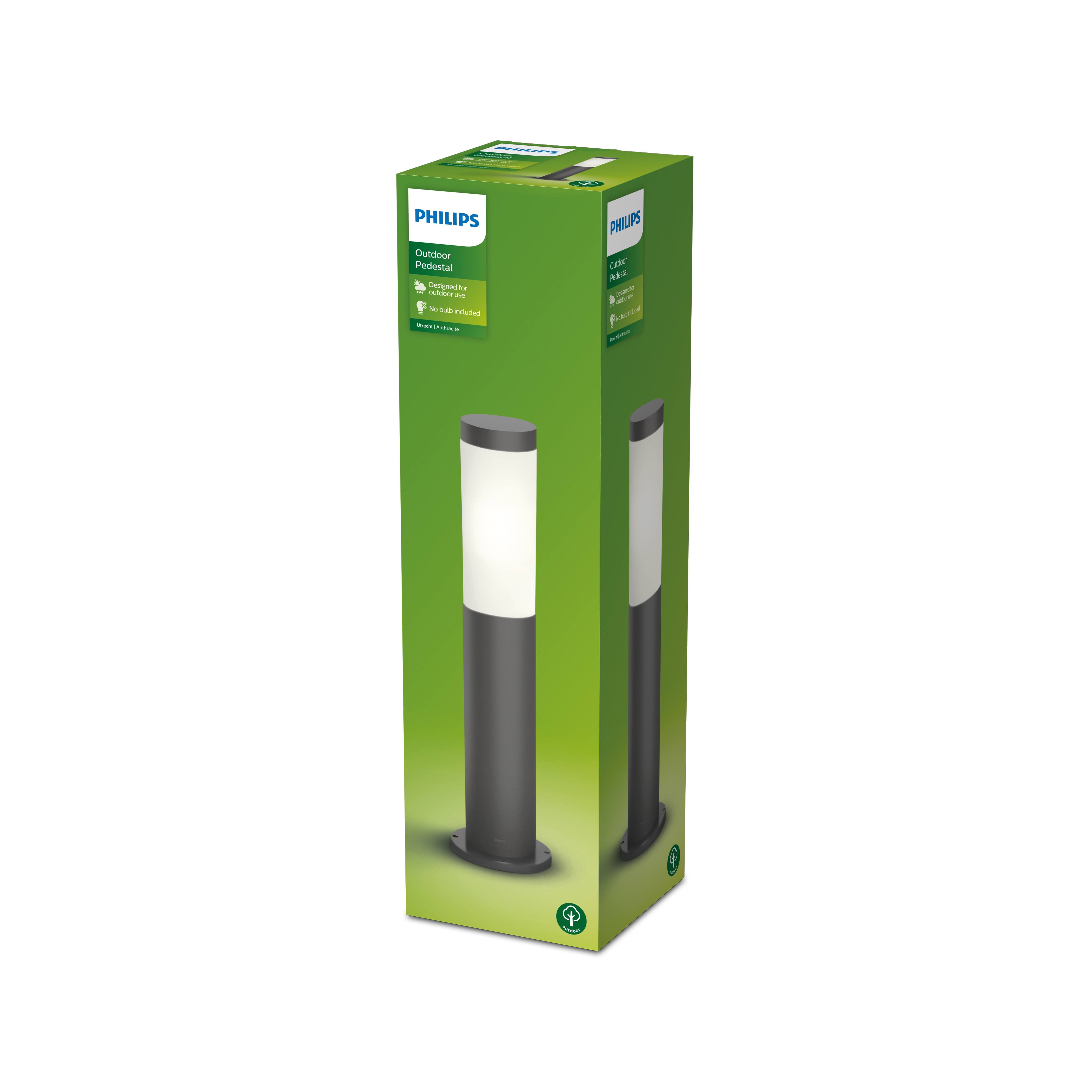 Una scatola con una lampada a piedistallo Philips per esterni. La lampada è grigio scuro con pannello luminoso bianco. Scatola verde.