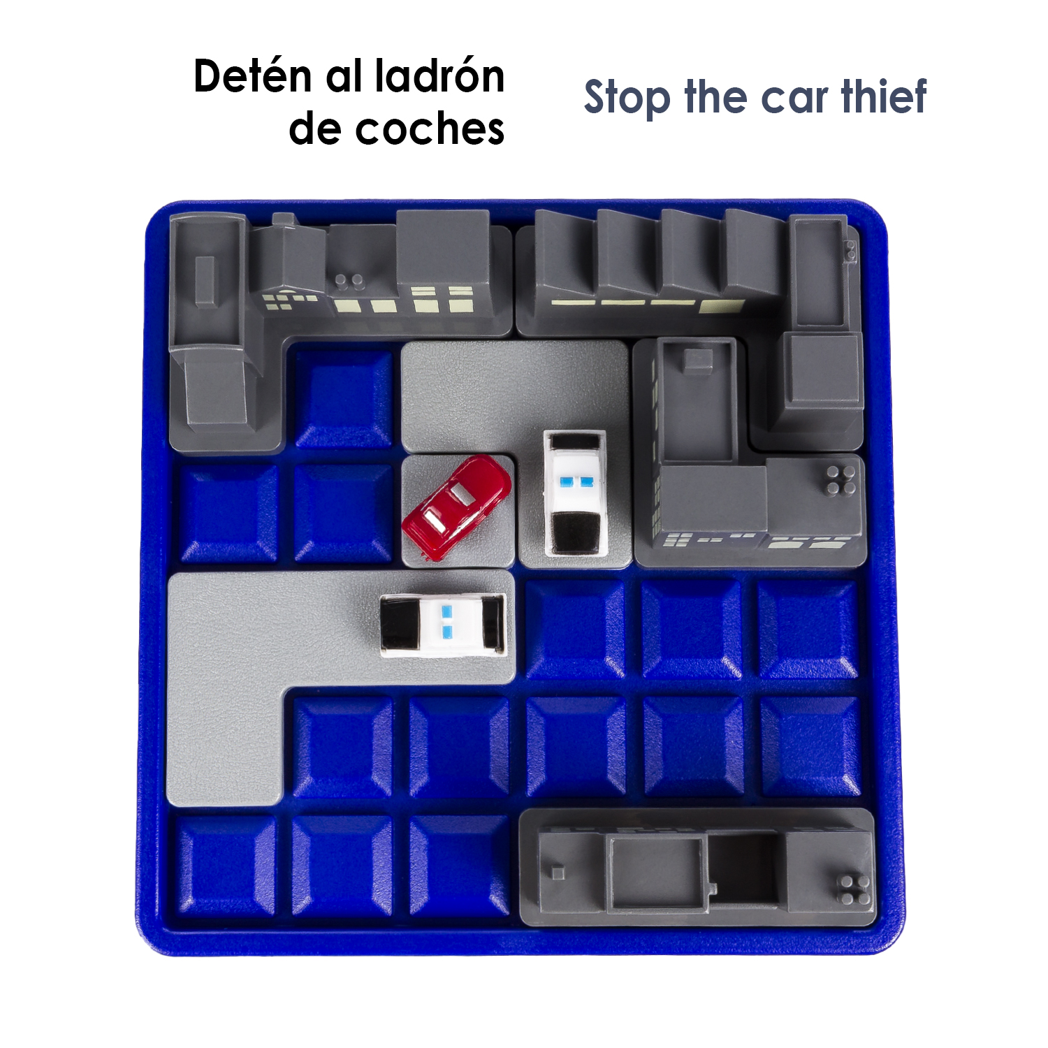 Juego de rompecabezas con edificios y coches. Texto que dice 'Detén al ladrón de coches'.