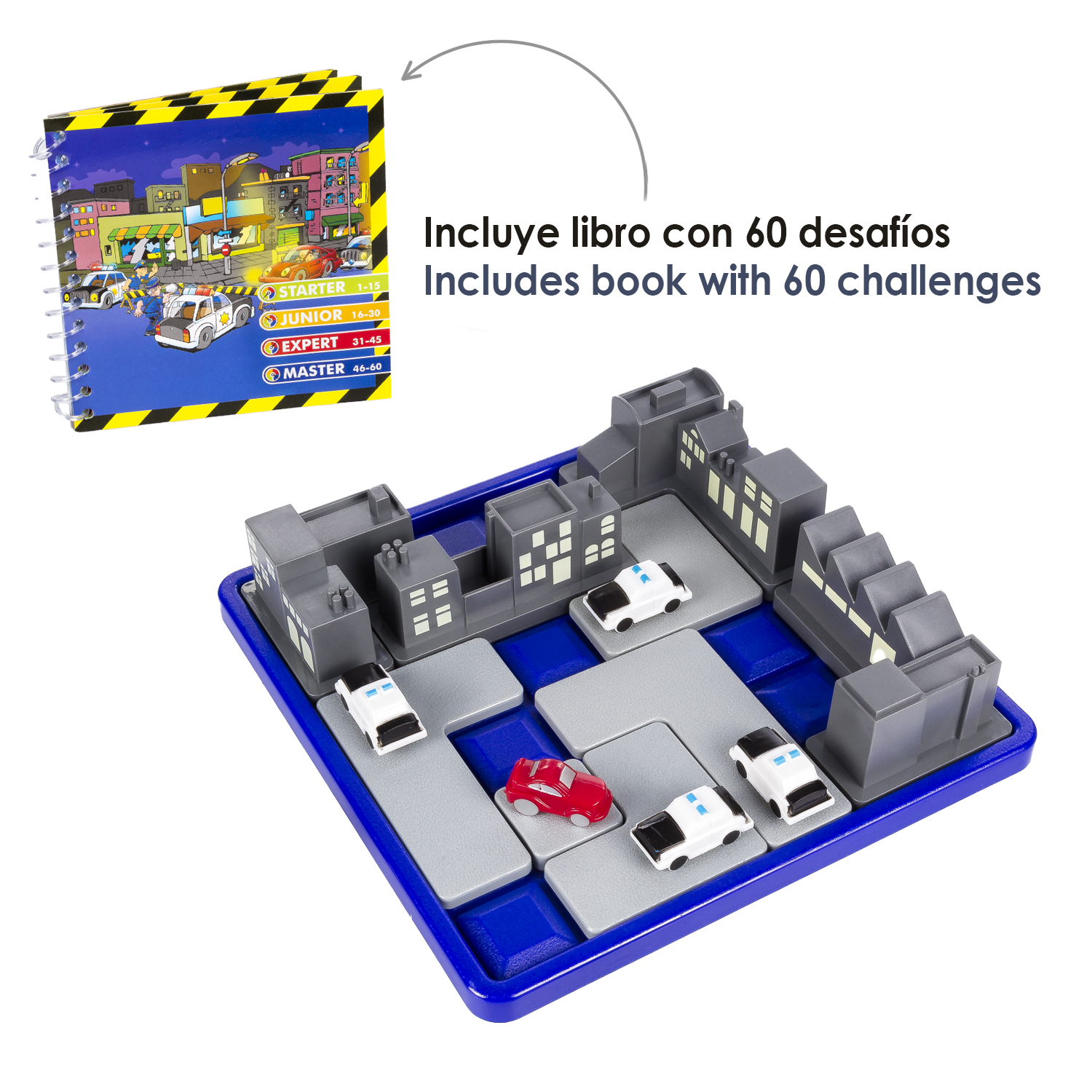 Un juego de rompecabezas con coches, edificios y un libro.