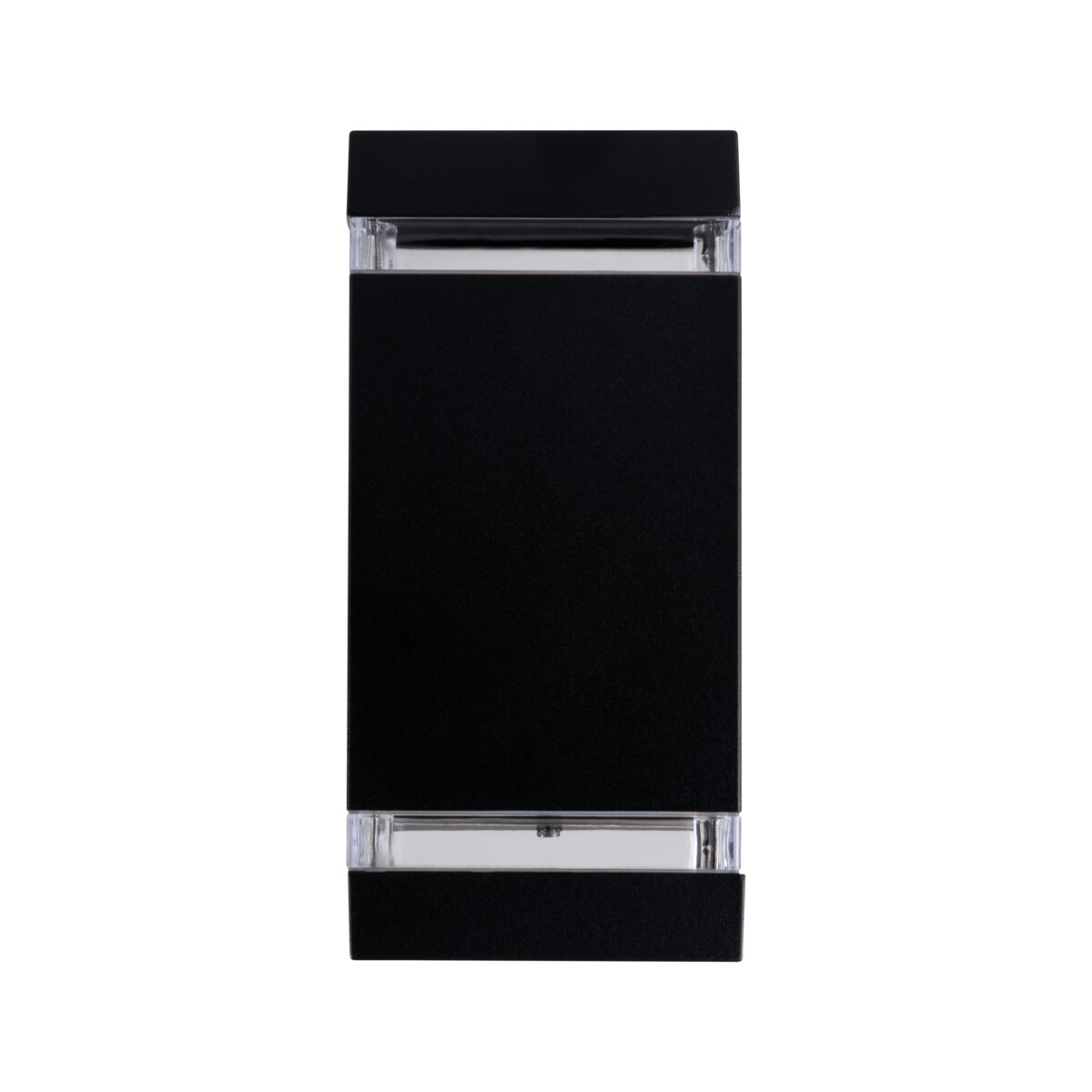 A black rectangular outdoor wall lamp with light emitting from the top and bottom.