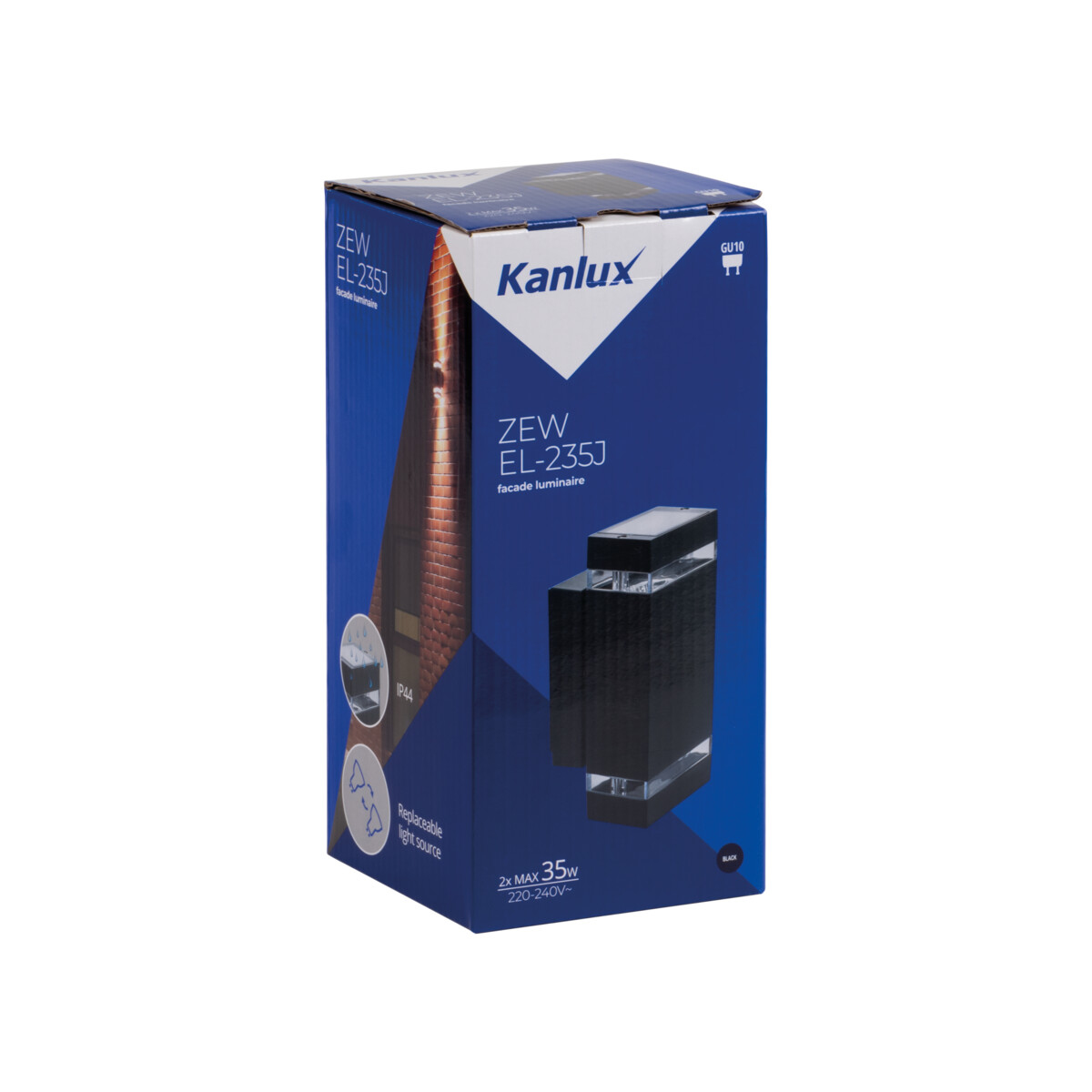 Blue and black Kanlux box. Shows a facade luminaire. The front has a black lamp.