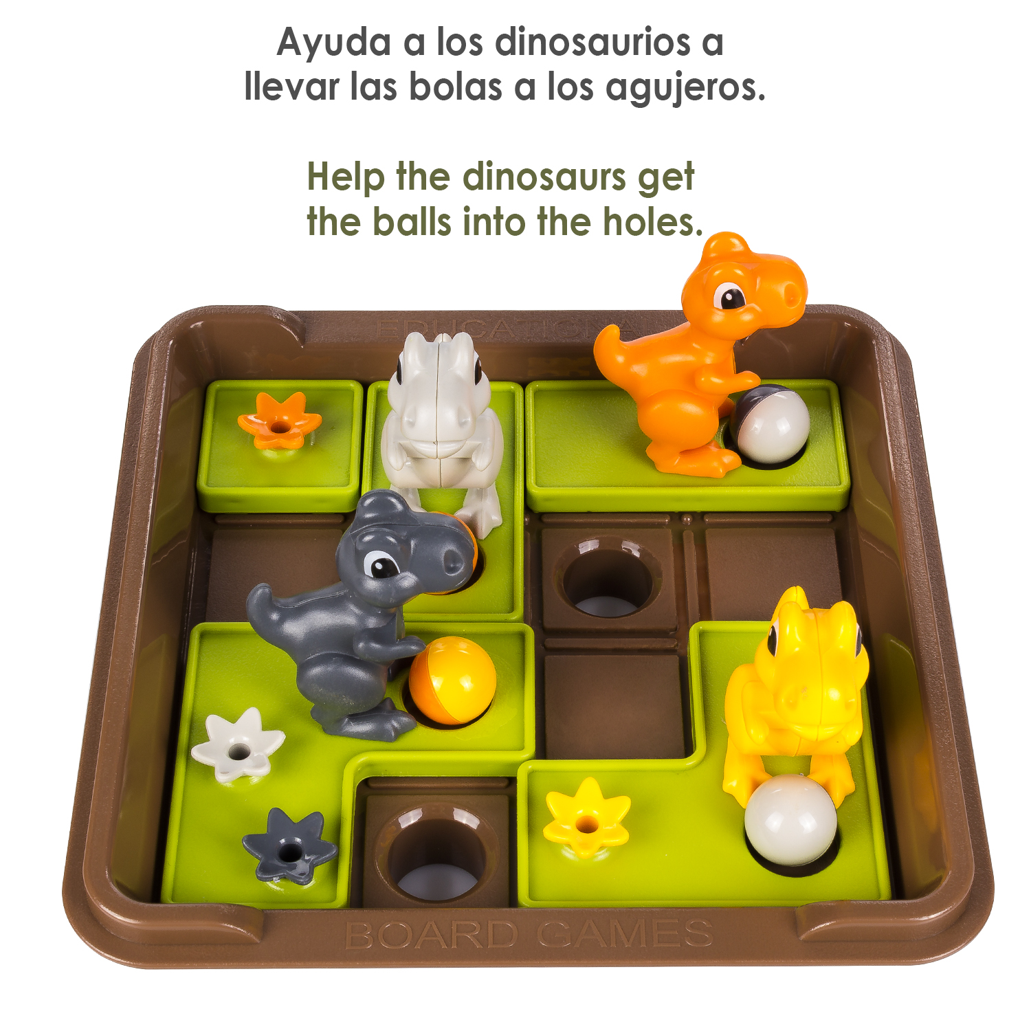 Un juego de mesa con dinosaurios y bolas, el objetivo es mover las bolas a los agujeros.