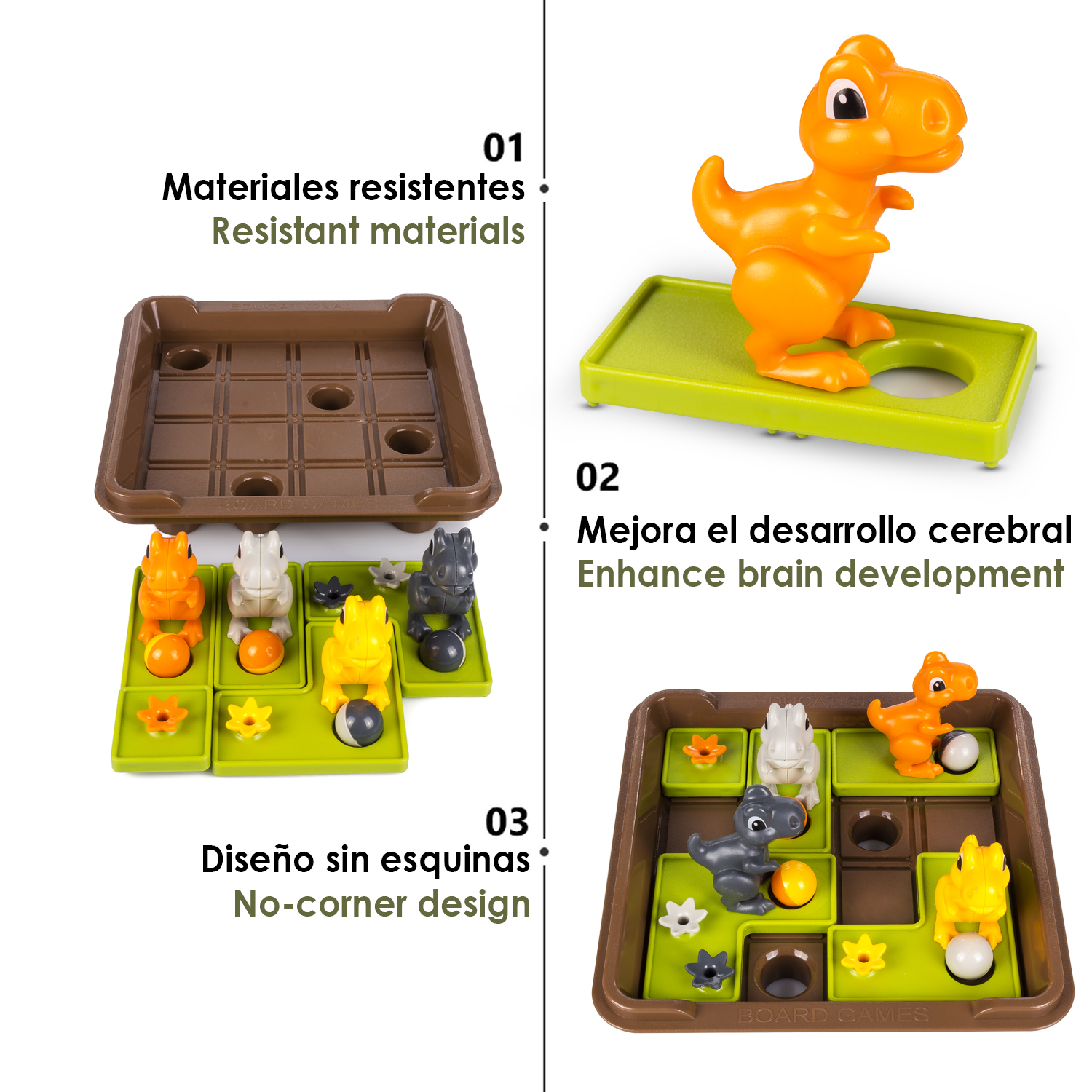 Juguete educativo con figuras de dinosaurios en un juego de mesa marrón y verde con etiquetas de texto.
