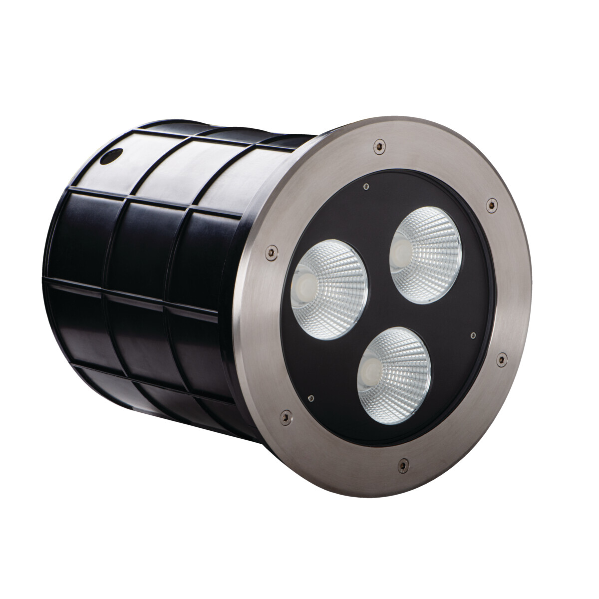 Zylindrische Außenleuchte mit drei sichtbaren LED-Leuchten und einem Metallrand.