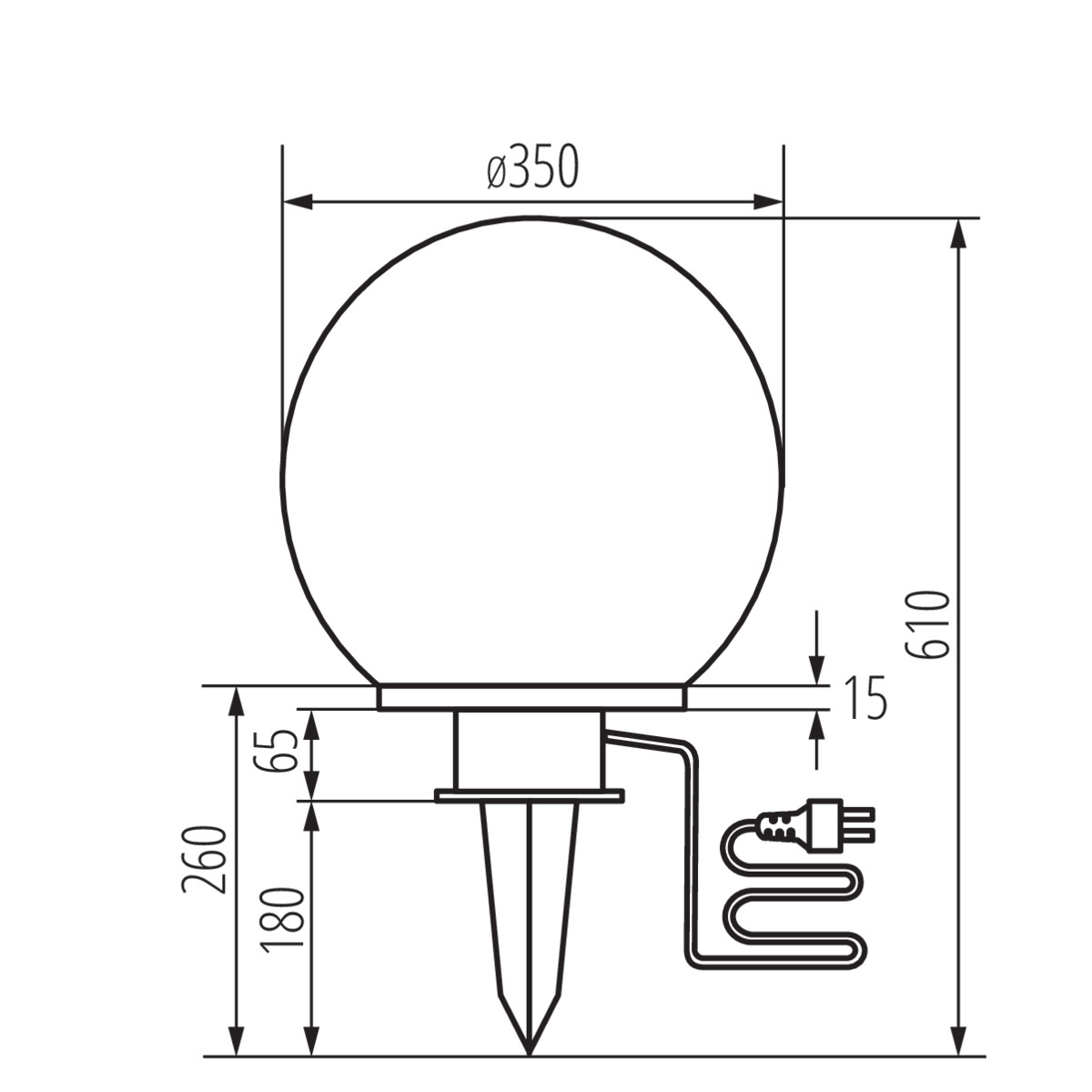Ein Diagramm einer runden Lampe mit Abmessungen und einem Netzkabel mit Stecker. Der Hintergrund ist weiß.