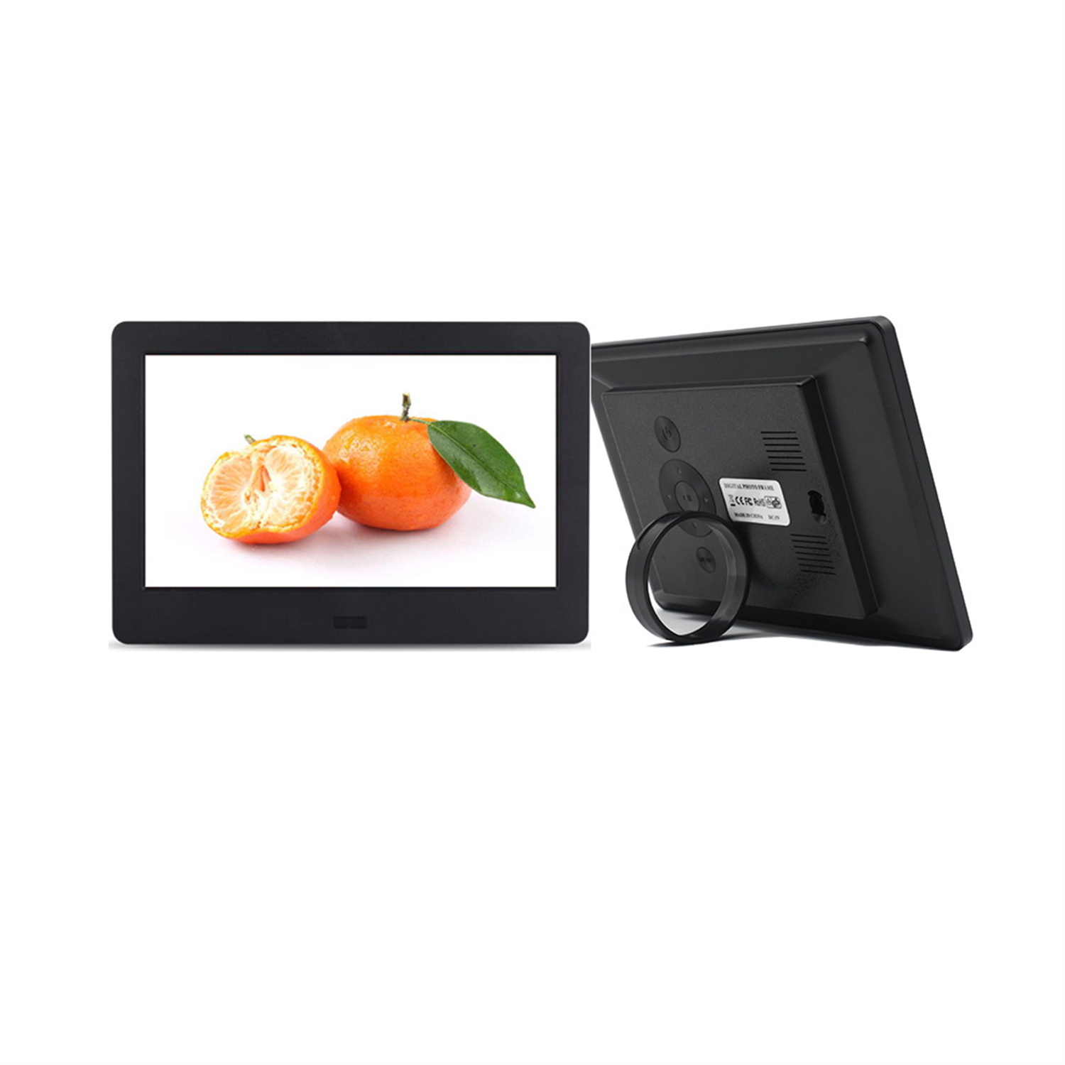Digitaler Fotorahmen mit Bildern von einer geschnittenen und einer ganzen Orange. Der Hintergrund ist weiß.