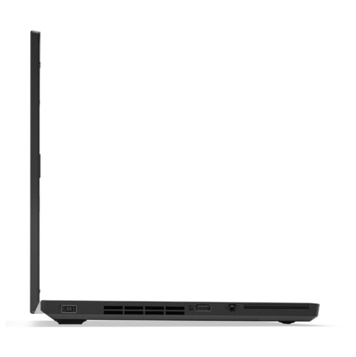 Ein schwarzer Laptop von der Seite, das Profil mit Anschlüssen und geschlossenem Bildschirm zeigend.