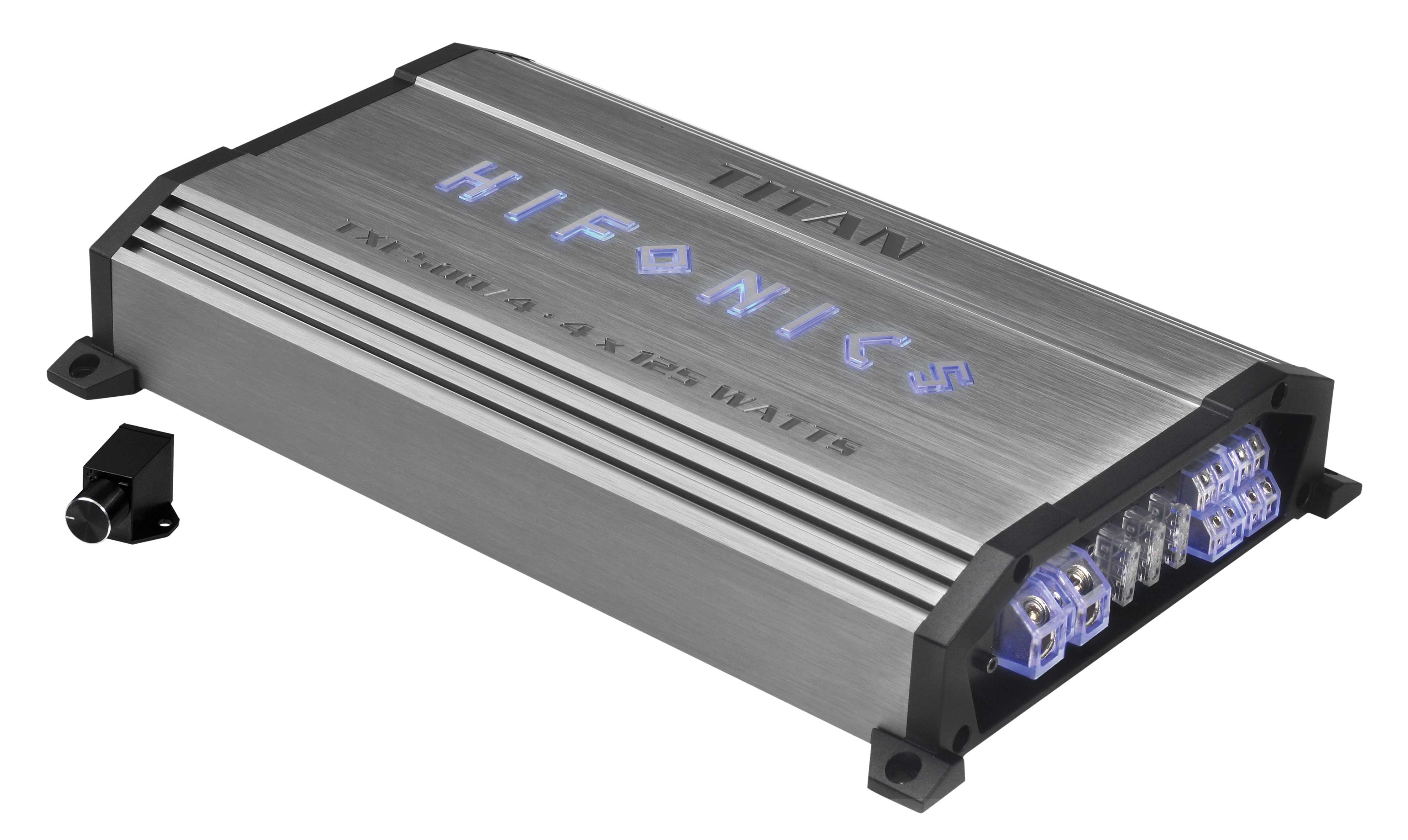 Silberner HiFonics Titan Verstärker mit schwarzen Akzenten und Lautstärkeregler.