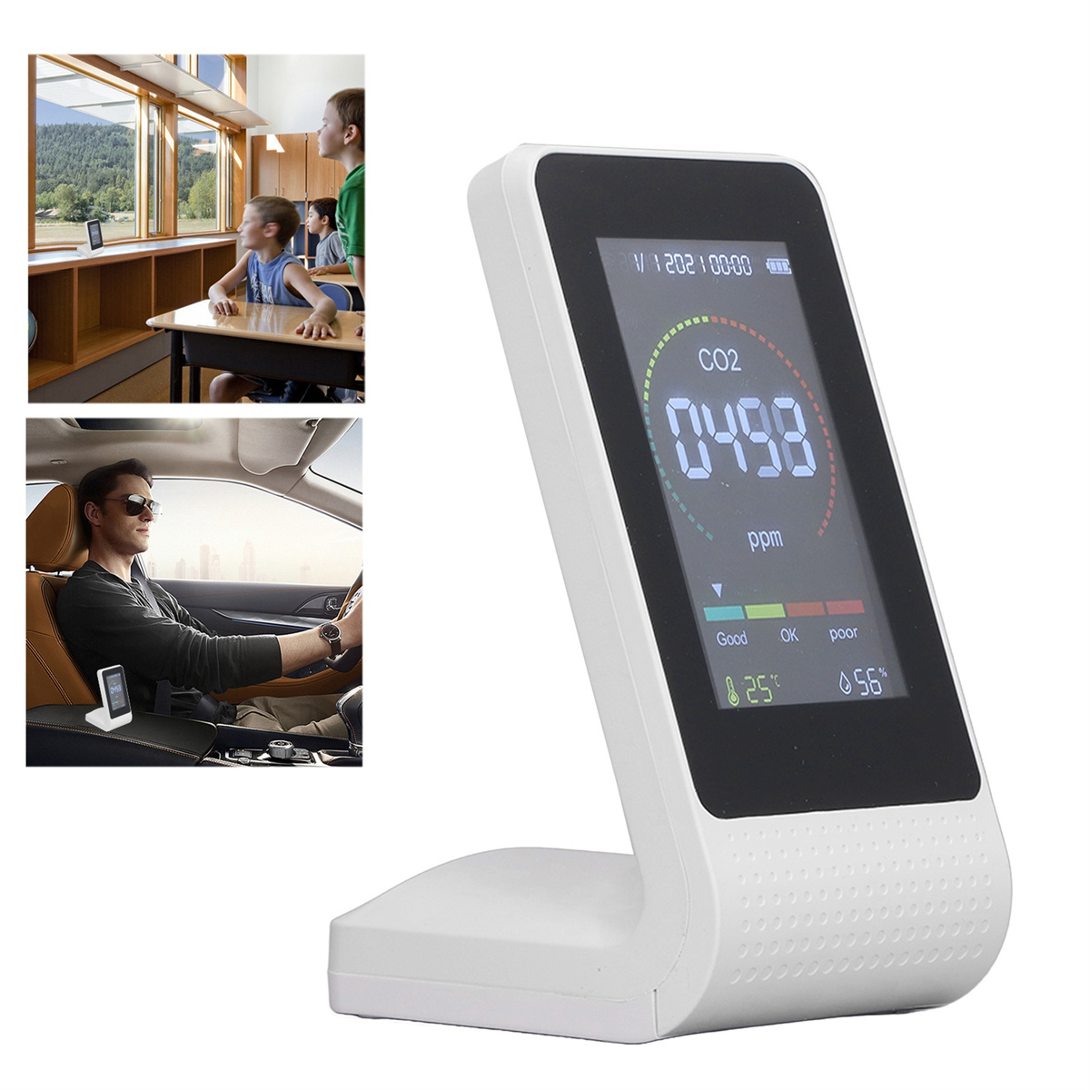 CO2-Monitor zeigt Messwerte an, mit insetierten Bildern von Personen in einem Klassenzimmer und Auto.