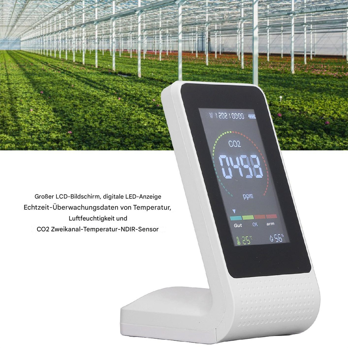 Digitales Anzeigegerät mit grünem Hintergrund in einem Gewächshaus. Zeigt CO2-, Temperatur- und Feuchtigkeitswerte an.