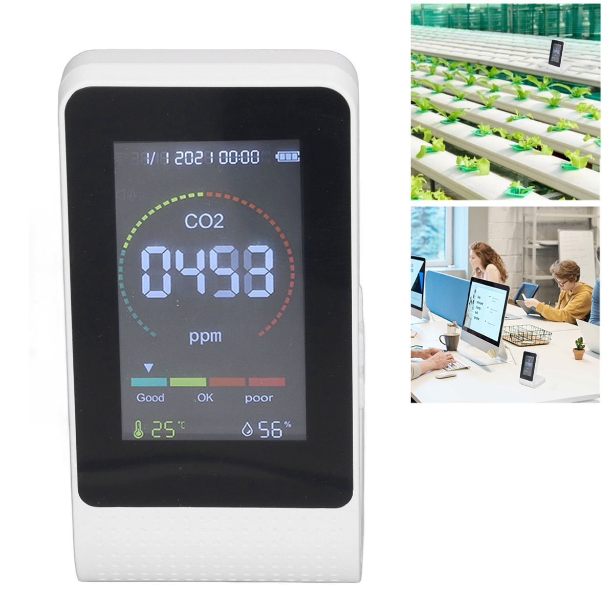 CO2-Monitor mit Messwerten, mit Bildern von Pflanzen, Personen und einem Gerät in verschiedenen Umgebungen.