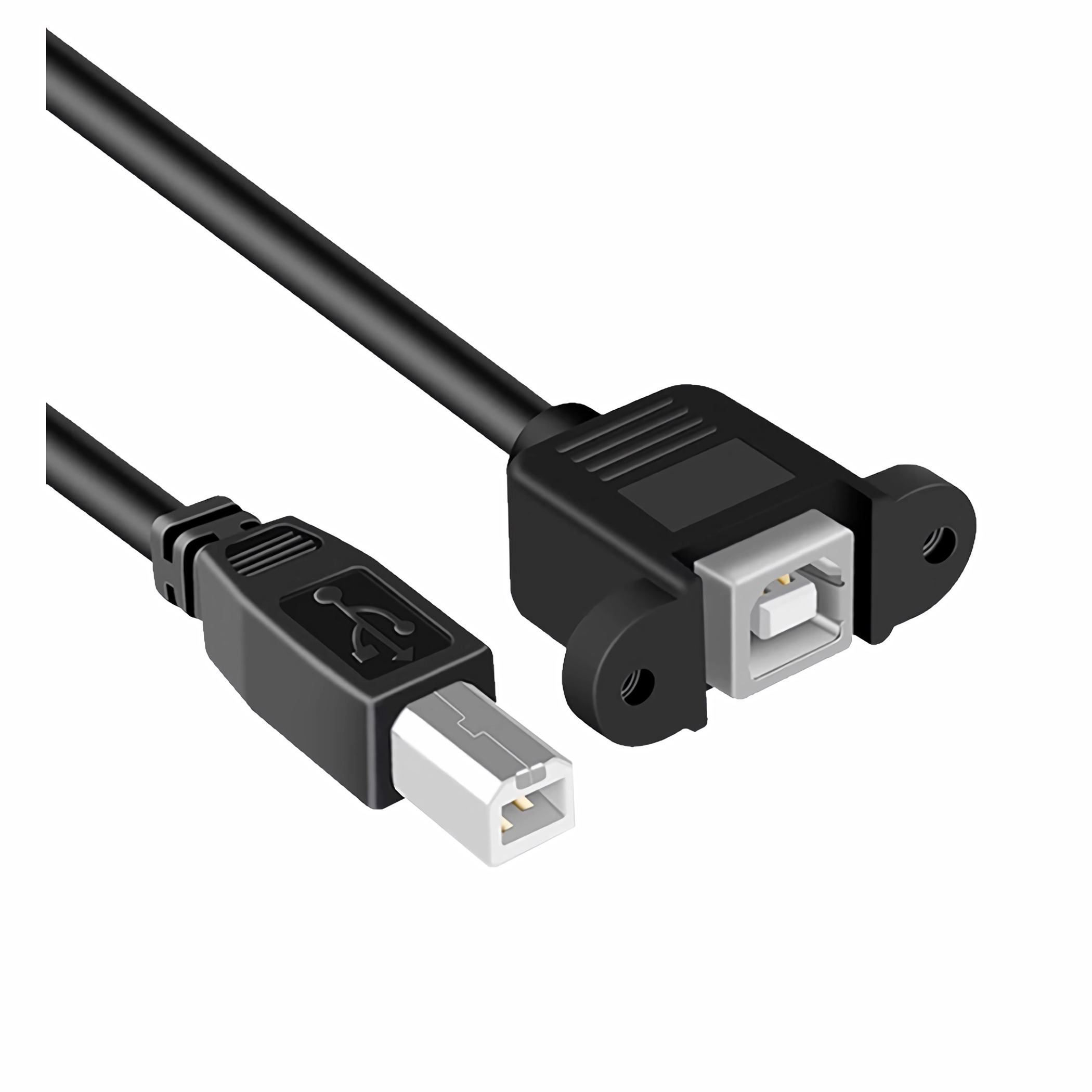 Schwarzes USB-Kabel mit USB- und USB-B-Anschluss.