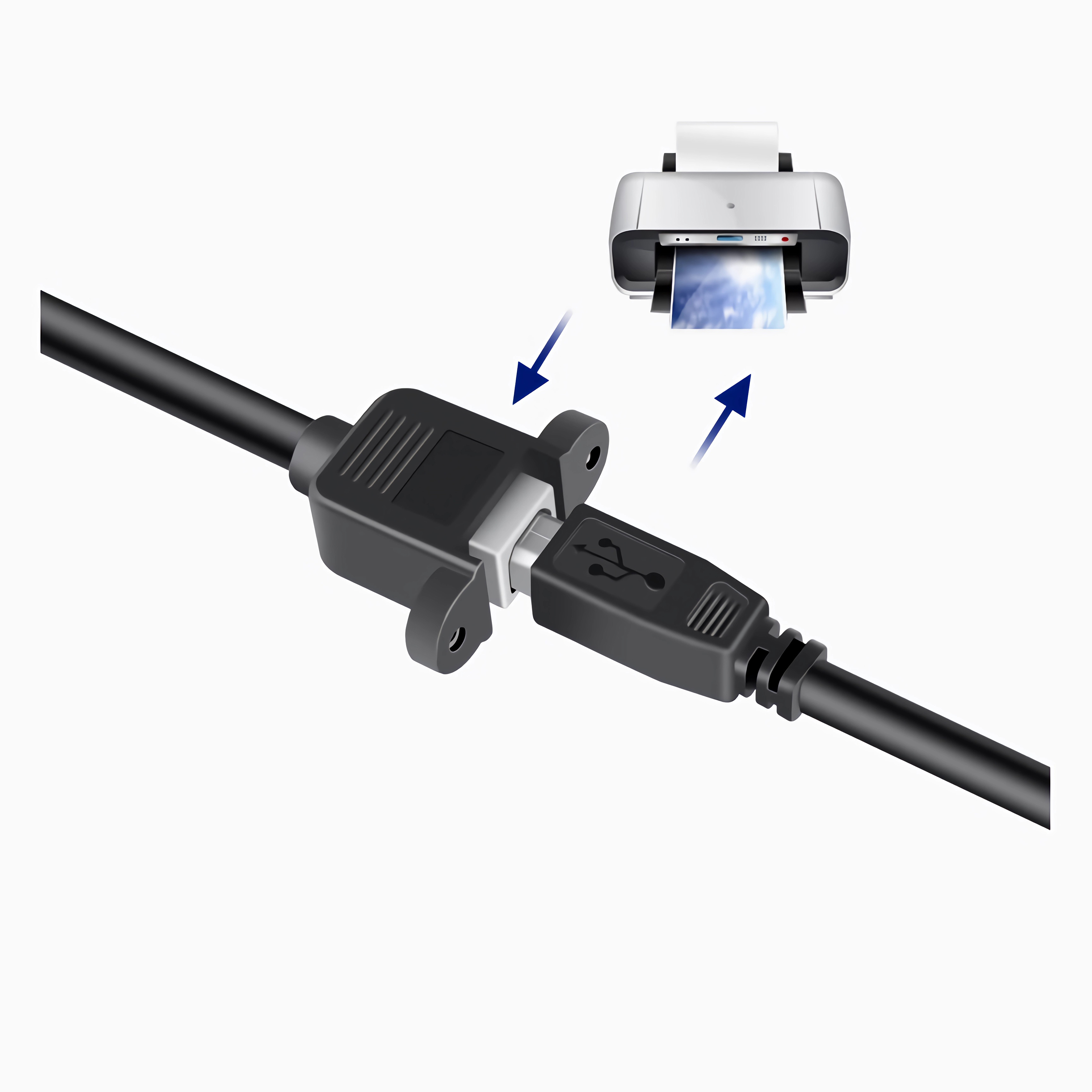 USB-Kabel, das sich mit einem schwarzen Adapter verbindet. Druckerbild im Hintergrund.