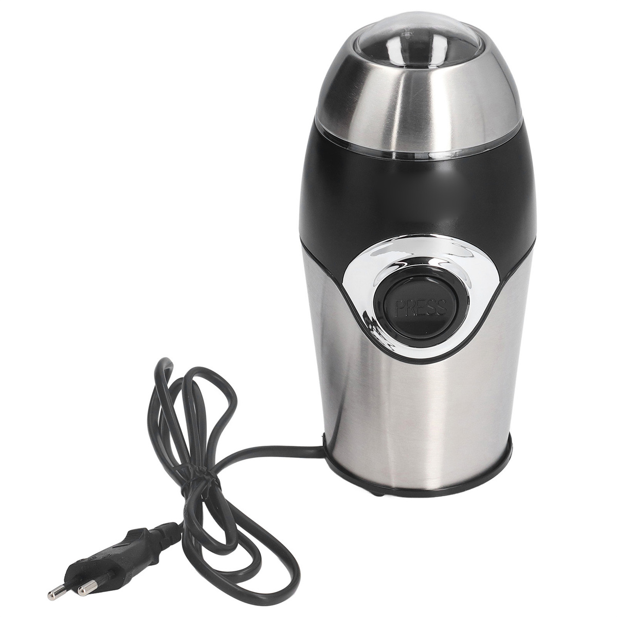 Eine silberne und schwarze Kaffeemühle mit schwarzem Kabel und Stecker vor weißem Hintergrund.