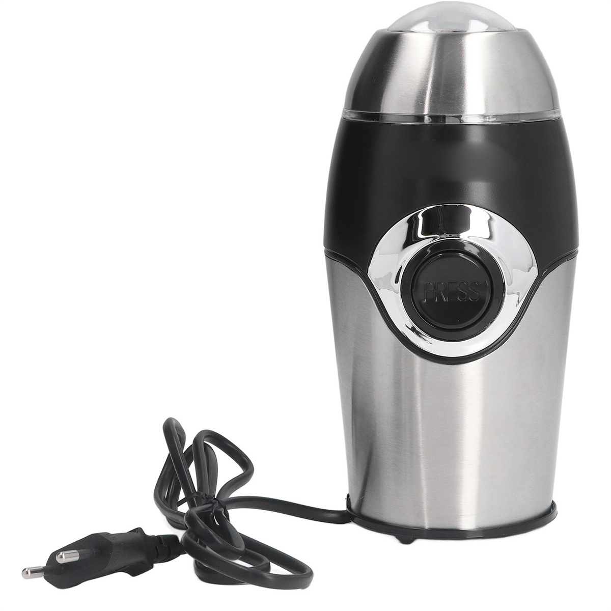 Eine silberne und schwarze Kaffeemühle mit schwarzem Kabel und Stecker. Ein großer Knopf sagt PRESS.