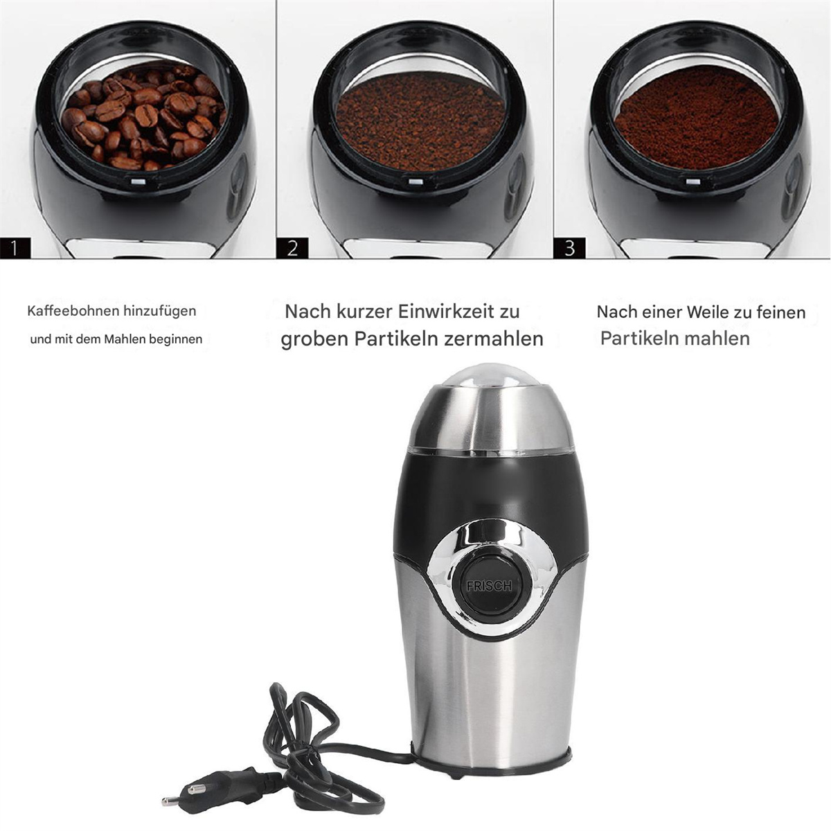 Kaffeemühle mit Mahlschritten. Ganze Bohnen, grobes und feines Mahlgut.