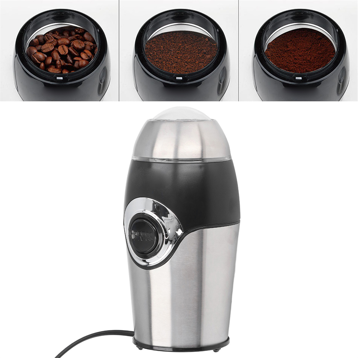 Eine schwarz-silberne Kaffeemühle mit Kaffeebohnen und gemahlenem Kaffee oben.