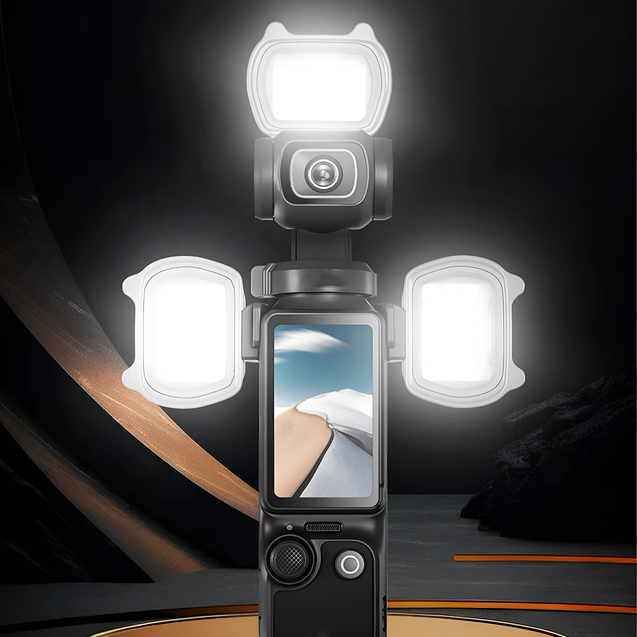 Schwarzer Telefon-Stabilisator mit hellen Lichtern. Es hat einen Bildschirm, Knöpfe und Lichter an den Seiten.
