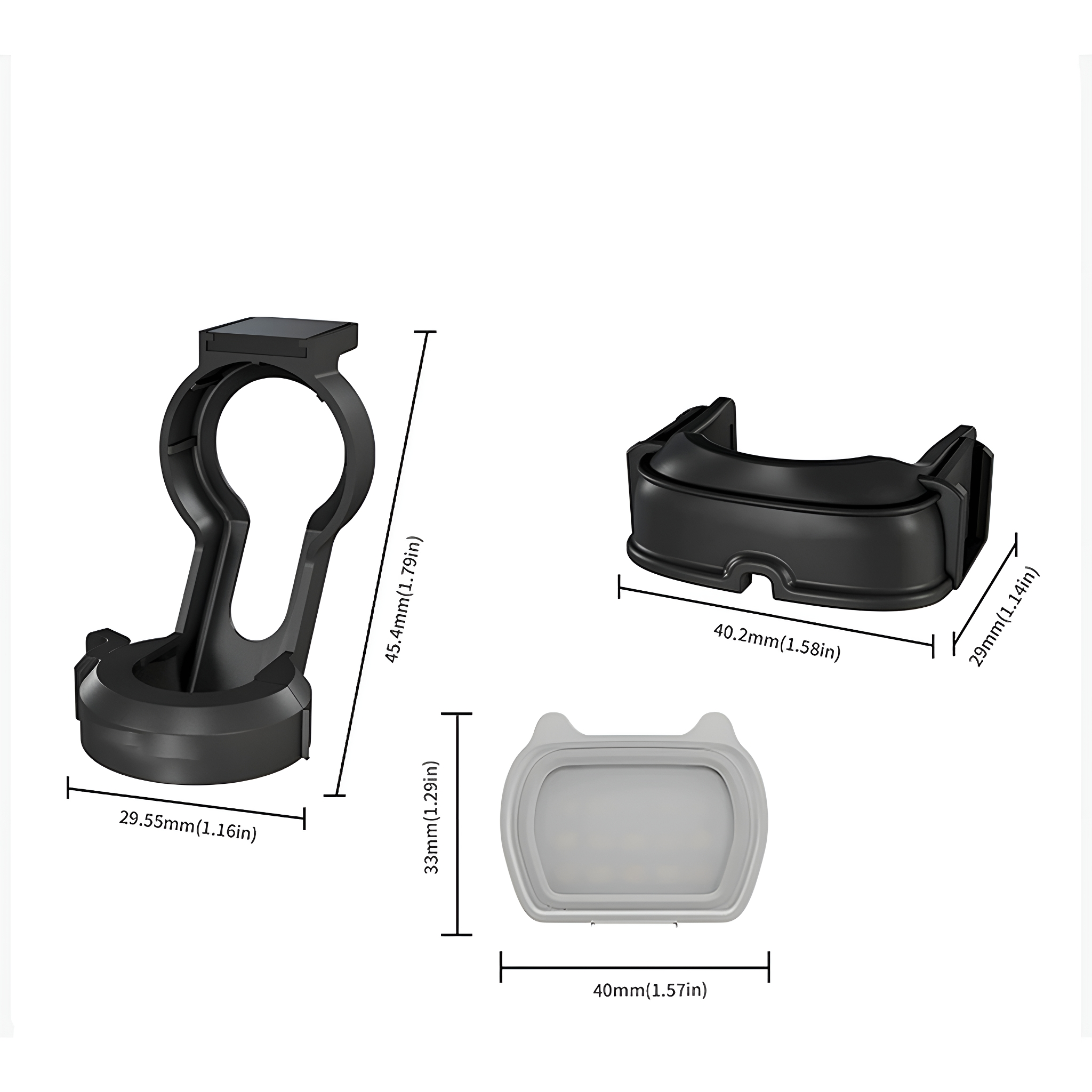Schwarze Kunststoff-Montagehalterung und -halter mit Maßangaben in mm und Zoll.