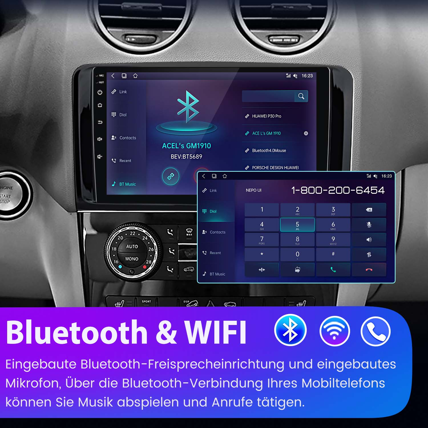 Auto-Infotainmentsystem mit Bluetooth- und WiFi-Anzeige und Telefon-Tastatur.