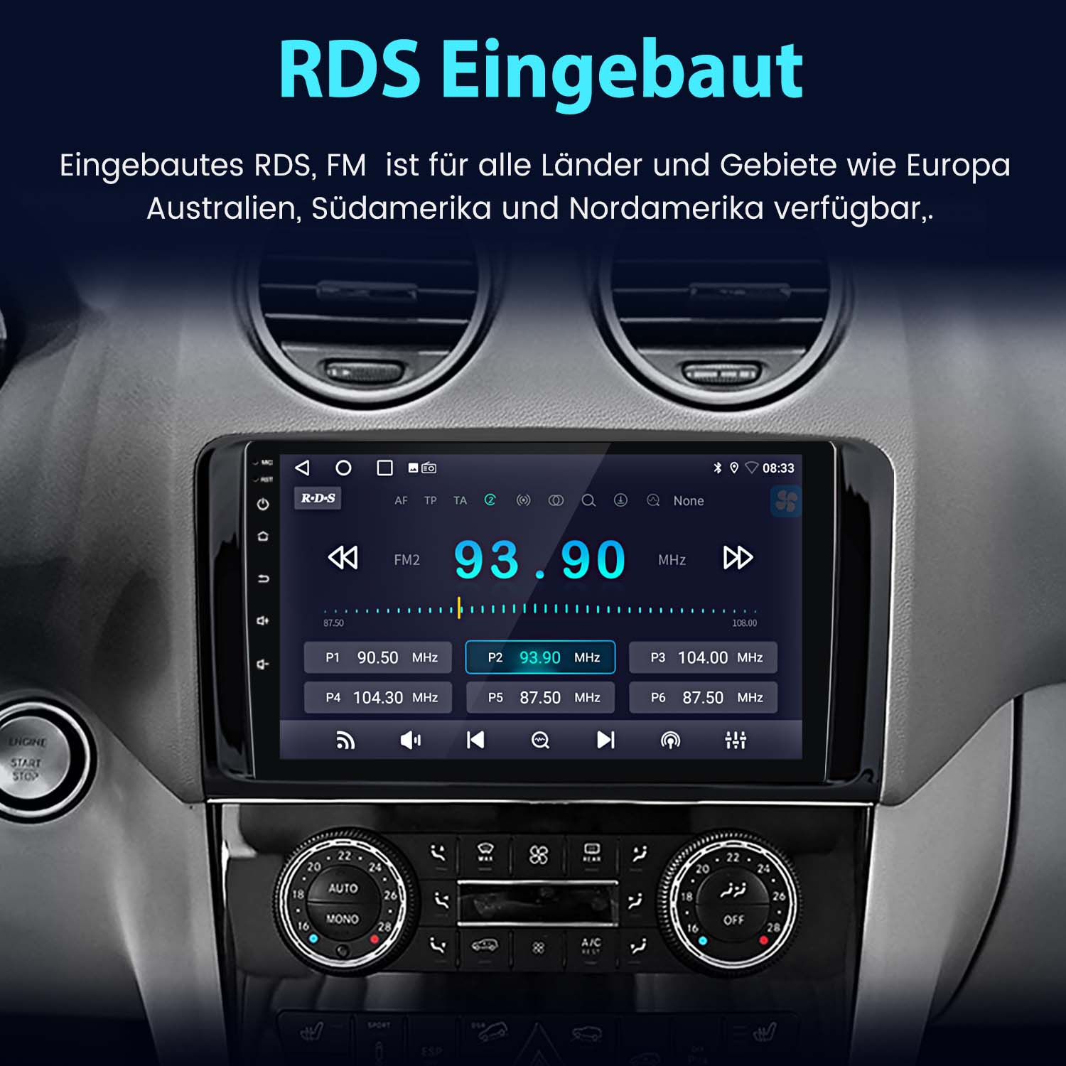 Ein Autoradio-Bildschirm, der Radiodaten und Bedienelemente anzeigt, mit dunklem Hintergrund.