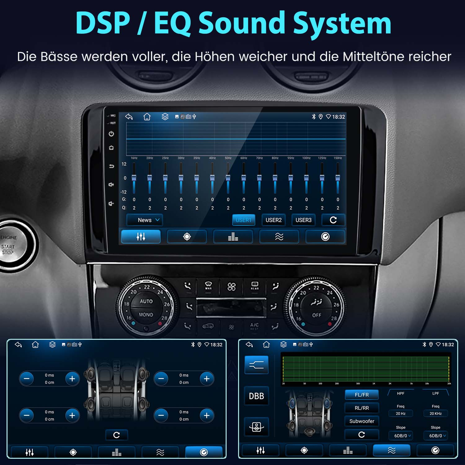 Car-Audio-System-Schnittstelle mit verschiedenen angezeigten Steuerungsoptionen.