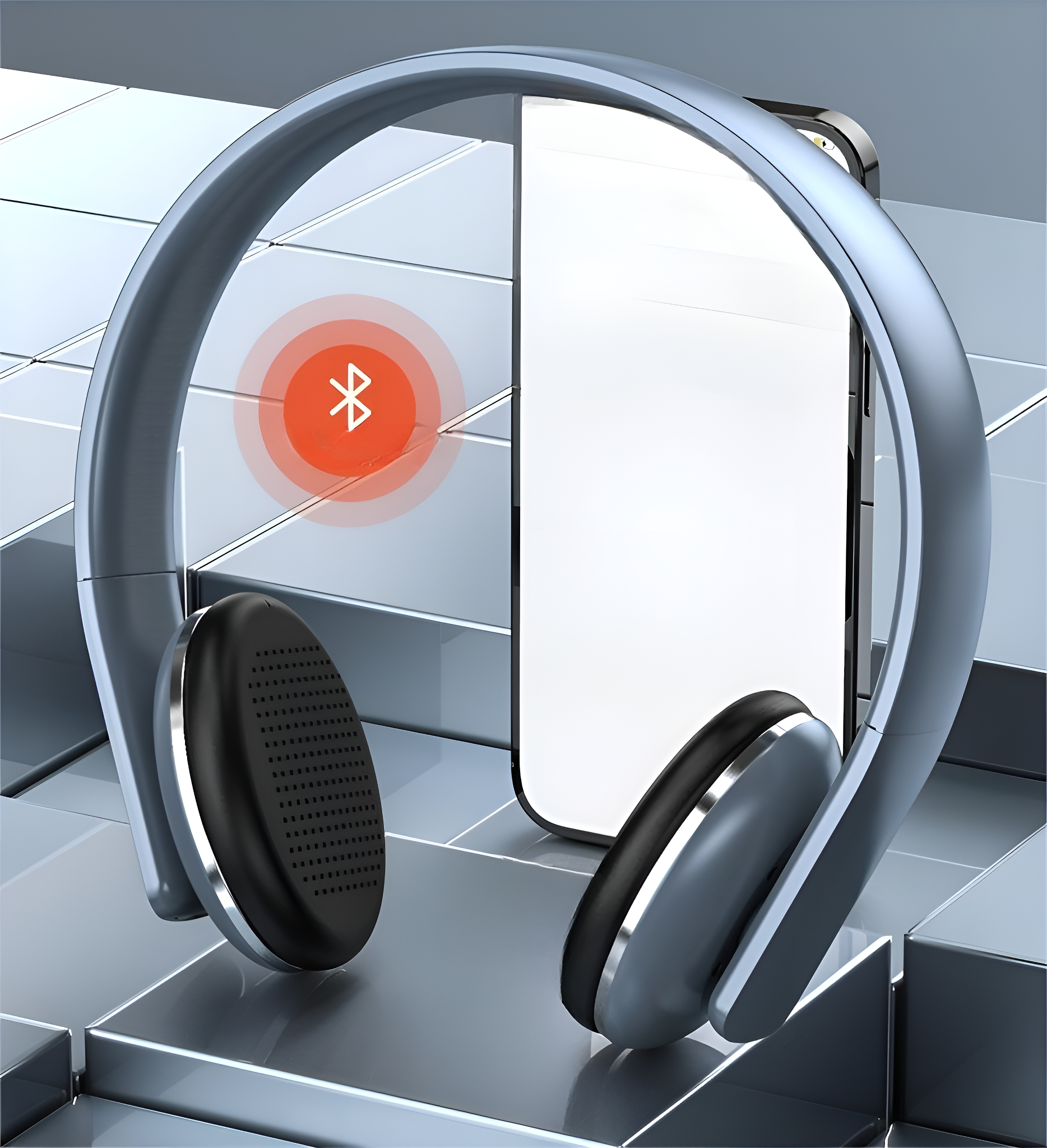 Blaue Kopfhörer mit schwarzen Ohrpolstern und einem Telefon, plus Bluetooth-Symbol.