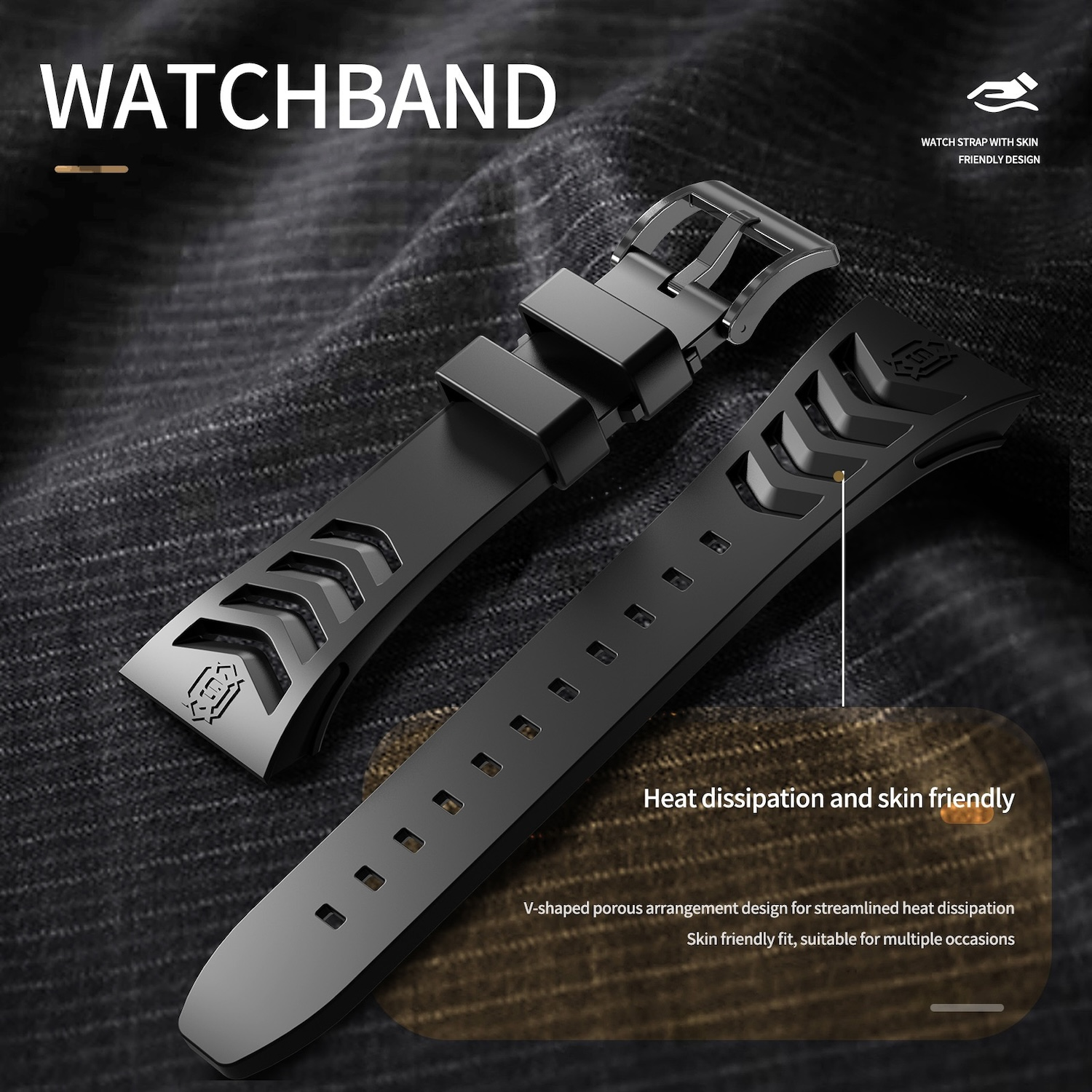 Schwarzes Uhrenarmband mit Metallschnalle. Das Band hat strukturierte Muster mit Text, auf grauem Stoff.