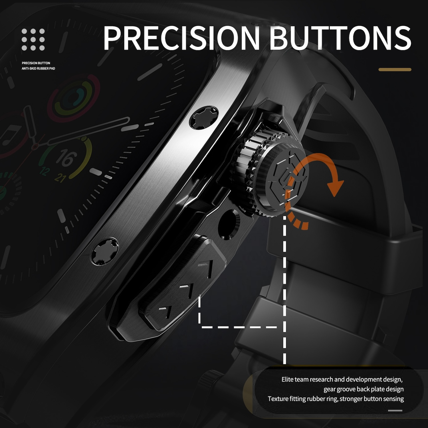 Nahaufnahme einer schwarzen Smartwatch mit Präzisionstasten, Design und Funktionen.
